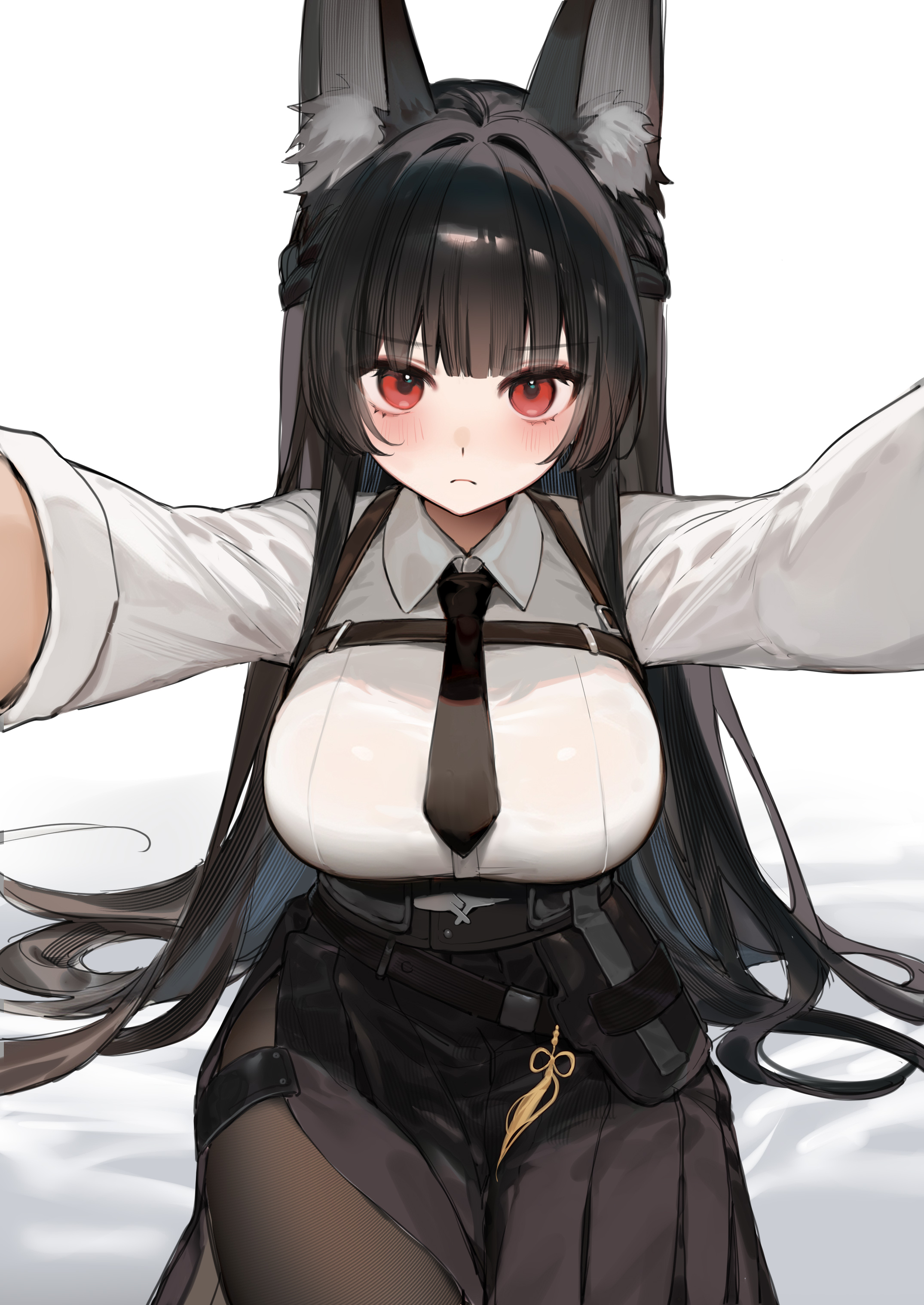 1girls, absurdres, animal ears, black necktie, breasts, brown pantyhose, closed mouth, commentary request, female, fox ears, fox girl, highres, hoshimi miyabi, large breasts, long hair, necktie, pantyhose, red eyes, shirt, sitting, smilesmile1312, solo, white shirt, zenless zone zero