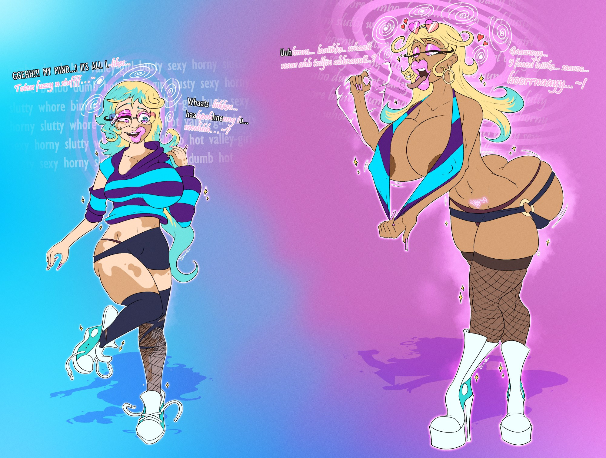 ass, ass expansion, before and after, bimbo, bimbofication, bluudew, breast expansion, breast growth, breast growth (enlargement), breasts, english text, female, high heels, huge ass, huge breasts, mid transformation, nerd, sneaker high heels, sneakers, text, thick lips, transformation