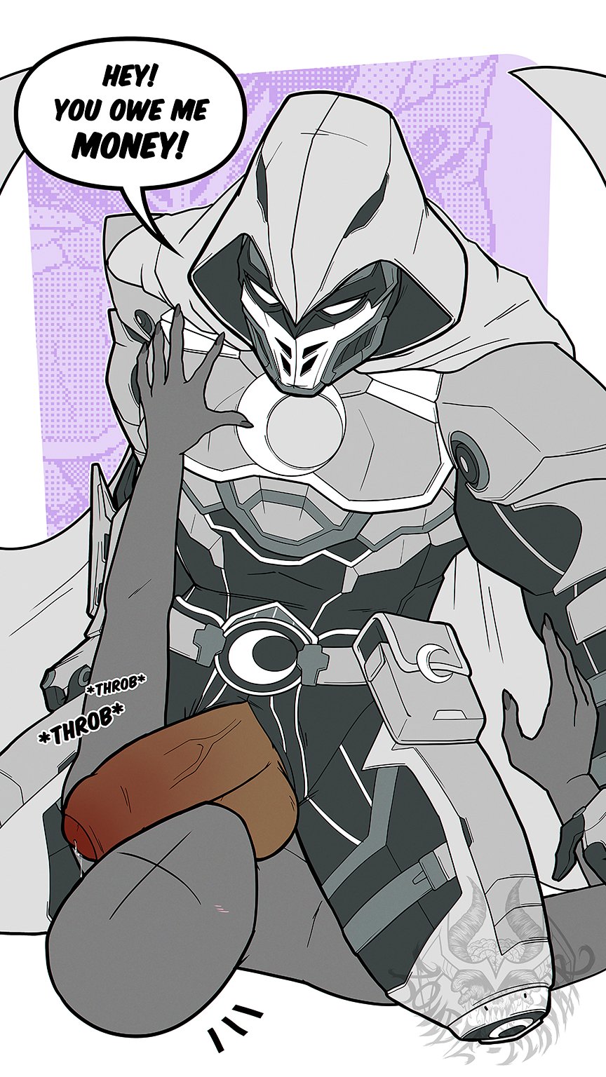 1boy, armor, armored, armored male, blush, clothed, dialogue, erect penis, genderless, hand on another's chest, hand on chest, hood, hood up, hooded, hooded cape, hooded male, long nails, male, male focus, male only, marvel, marvel comics, marvel rivals, mask, masked, masked male, moon knight, moon knight (marvel rivals), on top, penis, penis on face, precum, precum drip, text, text bubble, throbbing penis, veiny penis, y/n, zombie maykr