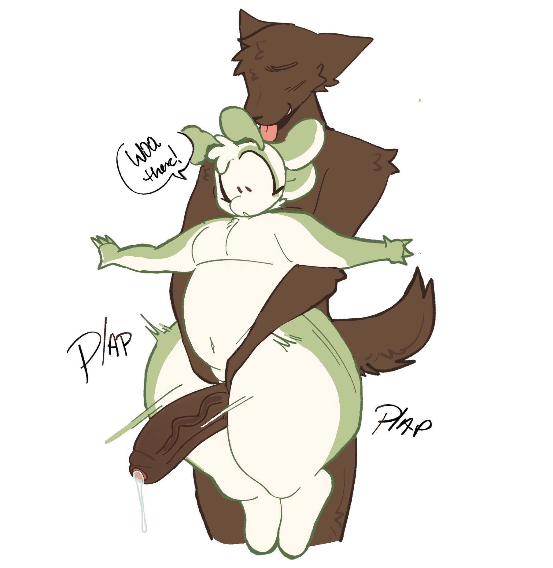 ali (lopsalien), alien, ambiguous gender, anthro, arms up, ass, belly, belly button, big ass, big butt, big thighs, brown eyes, brown fur, brown penis, bunny, cock, desperation, dialogue, duo, duo focus, fat ass, interested, lifting person, looking at penis, looking down, lopsalien, loving it, male, male only, male/male, mammal, navel, null, null bulge, oc, original character, penis, plain background, precum, precum drip, rabbit, shortstack, surprised, tail, tailwag, thick thighs, thigh job, tongue, tongue out, wide hips