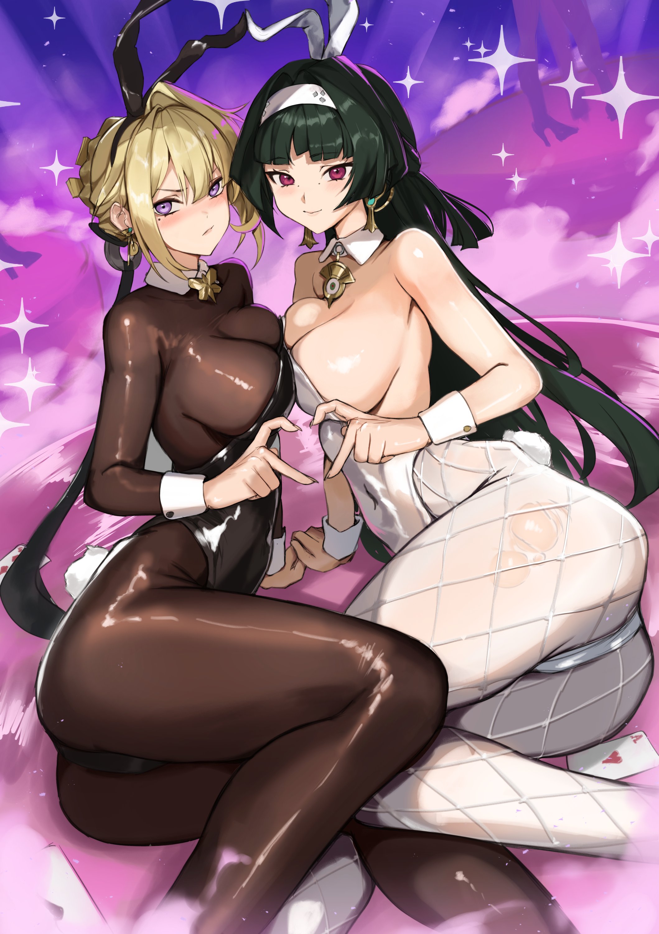 2girls, absurdres, alternate costume, animal ear hairband, animal ears, ass, astra yao, bare shoulders, black hair, black leotard, black ribbon, blonde hair, blush, bodystocking, breasts, card, cleavage, closed mouth, collar, covered navel, earrings, evelyn chevalier, fake animal ears, female, hairband, heart, heart hands, heart hands duo, highres, hirosenpai, jewelry, large breasts, leotard, long hair, long ribbon, looking at viewer, lying, multiple females, multiple girls, on side, pantyhose, playboy bunny, playing card, purple eyes, rabbit ear hairband, rabbit ears, red eyes, ribbon, ring hair ornament, short hair, sidelocks, smile, very long hair, white collar, white hairband, white leotard, white pantyhose, white wrist cuffs, wrist cuffs, zenless zone zero