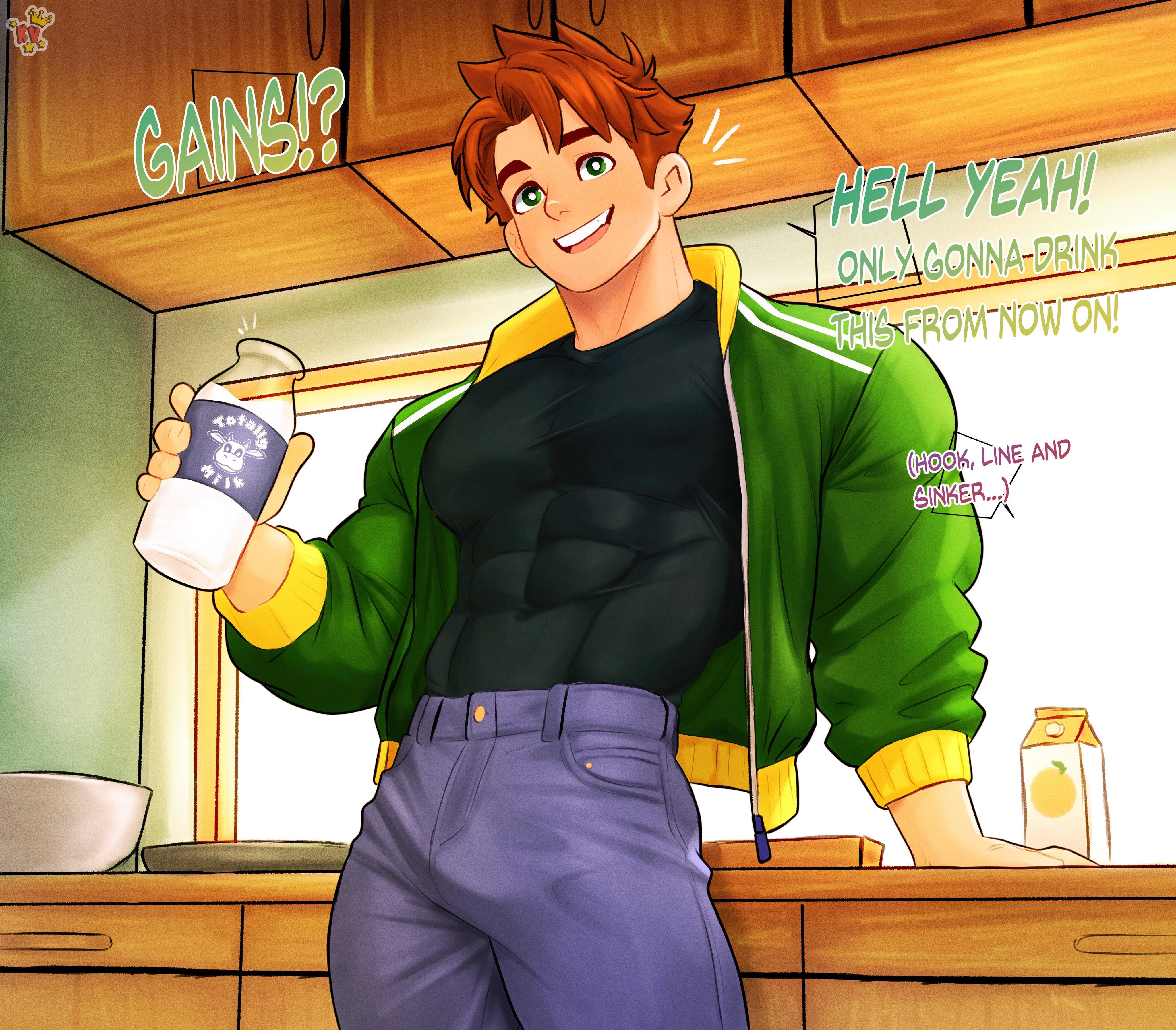 1boy, 1male, alex mullner, black shirt, blue jeans, brown hair, brown-haired male, defined muscles, english dialogue, english text, excited, excited male, green eyes, green jacket, green-eyed male, growth potion, growth serum, human, jacket, jacket open, jeans, kingdom velvet, kitchen, looking at viewer, male, male only, milk, milk bottle, muscles, muscular, muscular male, orange juice, part of a series, part of a set, smile, smiling, smiling at viewer, stardew valley, sunlight, tight clothing, tricked, watermark, window, window light
