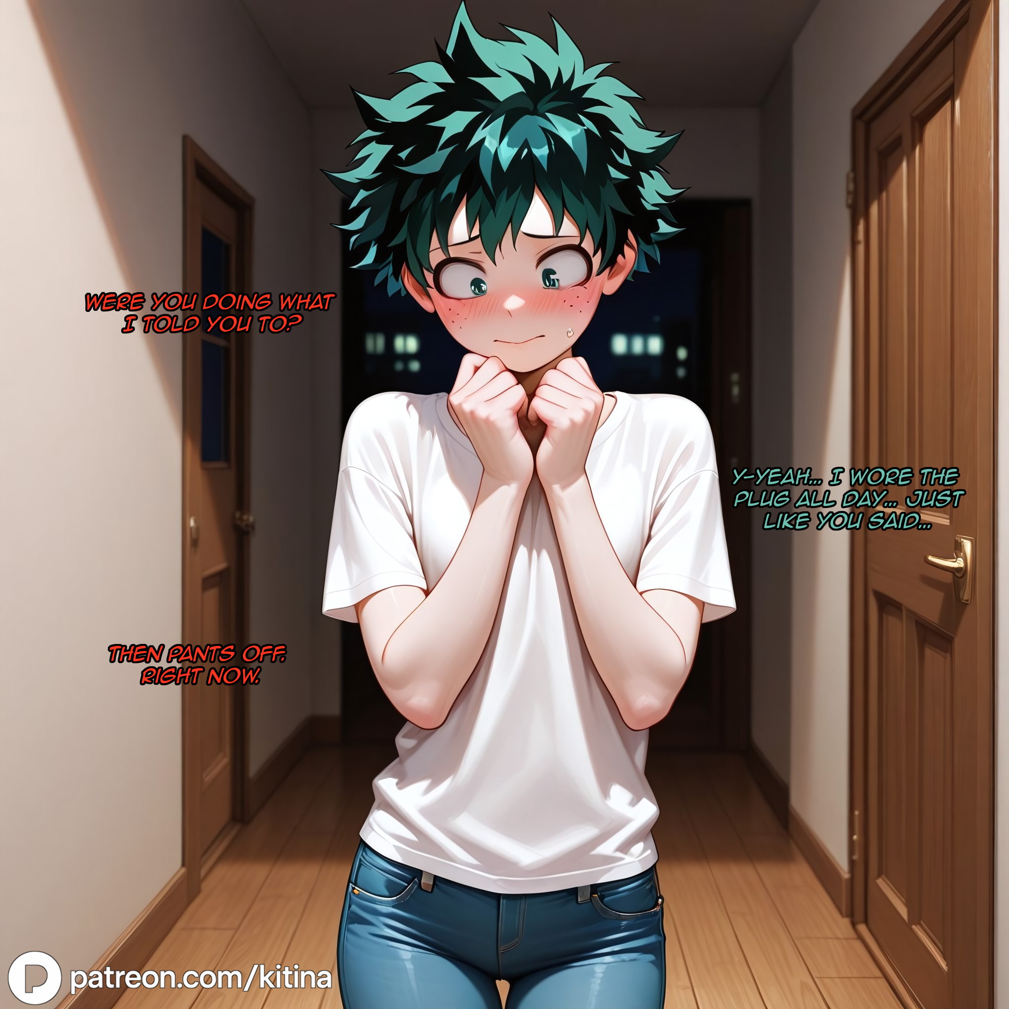 1boy, ai generated, clothed, cuck, cuckold, embarrassed, english text, female, femboy, femdom, green eyes, green hair, humiliation, izuku midoriya, jeans, kitina, light skin, light-skinned male, male, midoriya izuku, my hero academia, nervous, shy, solo, standing, tagme, text, white shirt