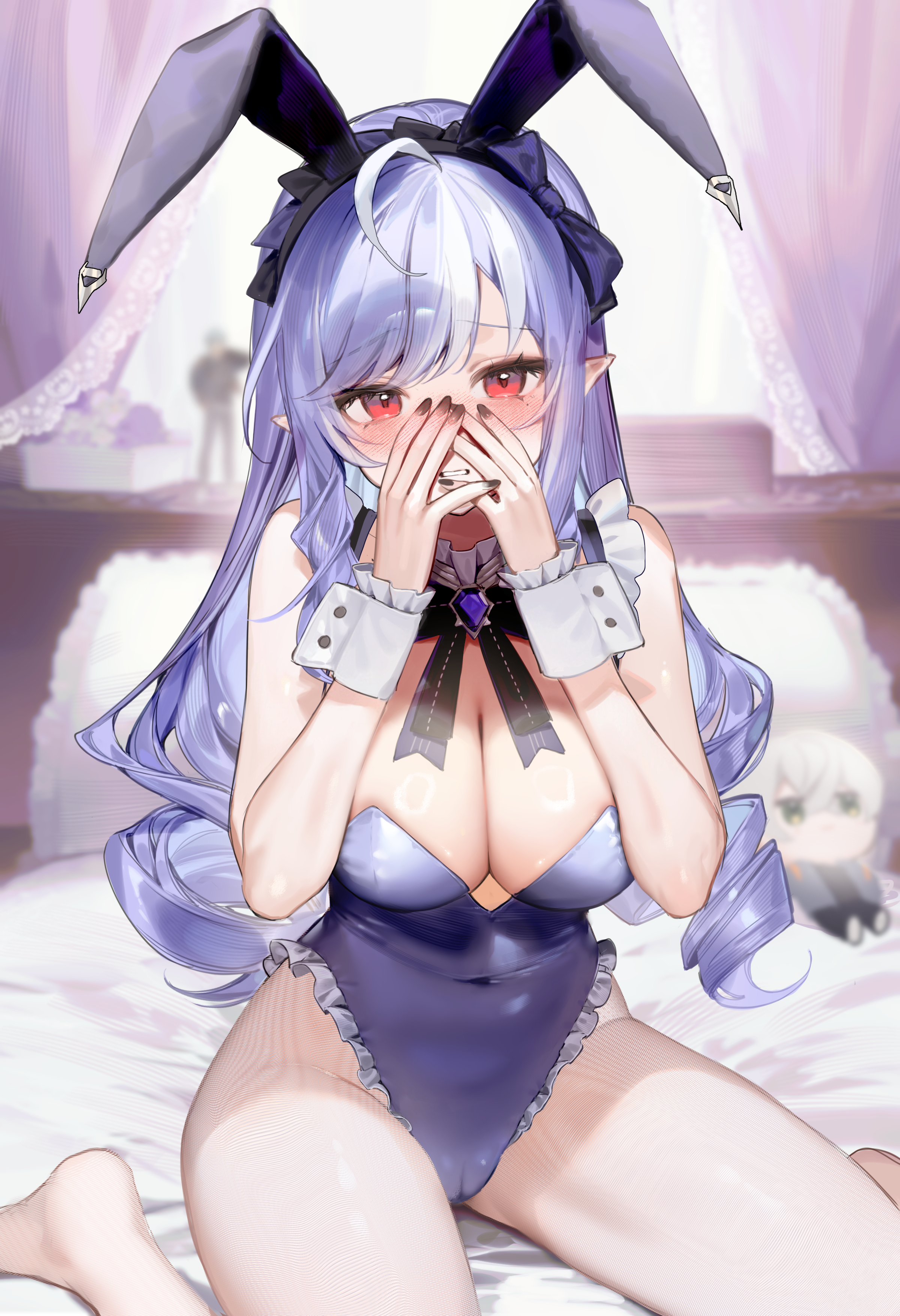 absurdres, animal ear hairband, animal ears, bare shoulders, bedroom, black bow, black bowtie, black nails, blurry, blurry background, blush, bow, bowtie, breasts, cameltoe, character doll, covered navel, covering face, doll, fake animal ears, female, figure, fingernails, hairband, hairbow, highres, indoors, large breasts, leotard, long hair, nail polish, no shoes, objectification, on bed, paid reward available, pantyhose, playboy bunny, pointy ears, purple bow, purple hair, purple leotard, pussy, rabbit ear hairband, rabbit ears, red eyes, sidelocks, smilesmile1312, solo, strapless, strapless leotard, very long hair, vivian (zenless zone zero), vivian banshee, white pantyhose, wise (zenless zone zero), zenless zone zero