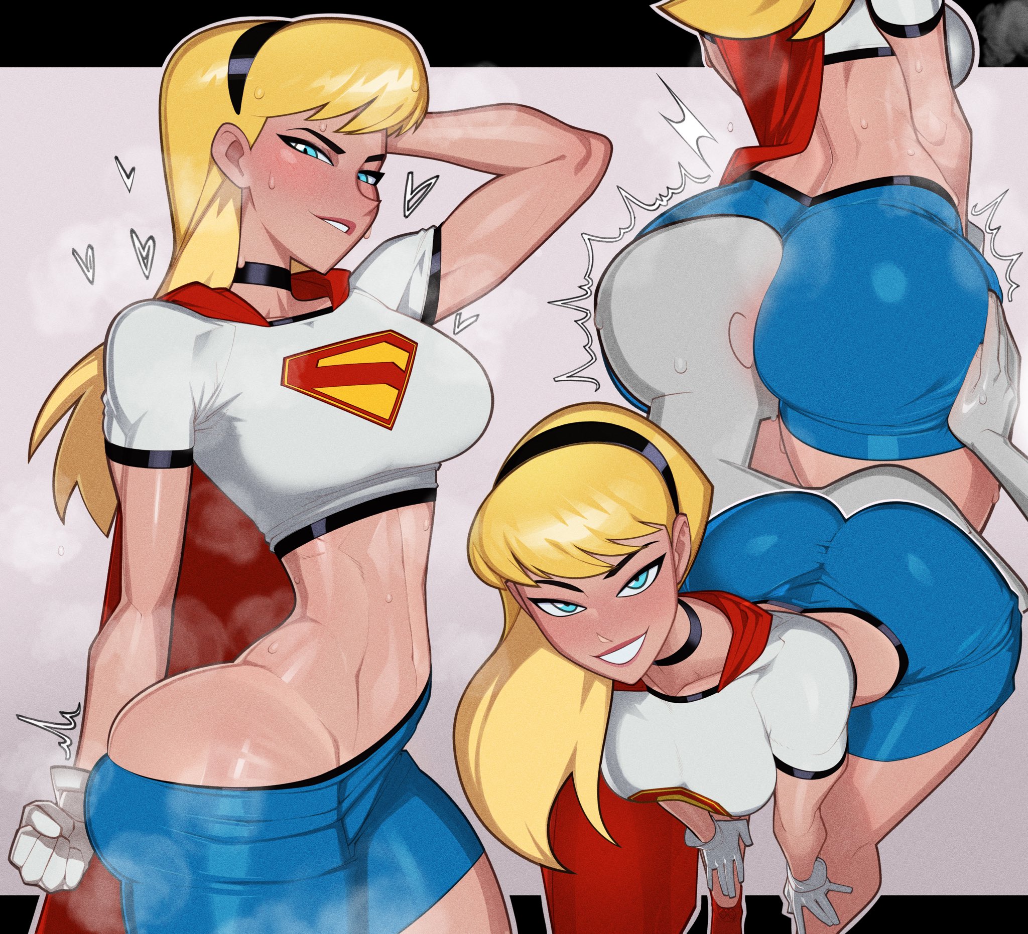 1boy, 1girls, 2025, 2d (artwork), argoan, ass, ass focus, ass worship, bending over, big ass, big breasts, big butt, biting lip, black hairband, blonde female, blonde hair, blonde-haired female, blue eyes, blue skirt, bottom heavy, breasts, bubble ass, bubble butt, cape, clothed, clothed female, clothing, dc, dc animated universe, dc comics, dcau, face in ass, face in butt, fat ass, fat butt, female, female focus, gloves, hairband, hi res, high resolution, highres, kara in-ze, kara kent, large ass, large butt, long hair, looking at viewer, male, midriff, minicop2001, miniskirt, musk, musk clouds, musk fetish, musky, navel, red cape, skirt, smile, steam, steaming body, steamy, straight, supergirl, supergirl (dcau), superheroine, superman (series), superman: the animated series, sweat, sweatdrop, sweating, sweaty, sweaty body, thick ass, thick thighs, white gloves, wide hips