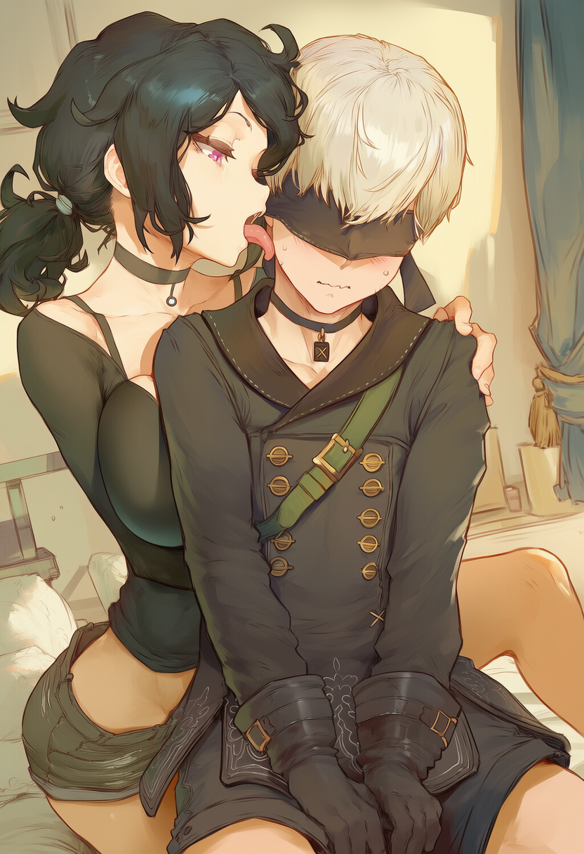 1boy, 1girls, ai generated, ashley graves, bedroom, breasts, clothed, female, femdom, licking, licking face, lucakp, male, massive breasts, nier: automata, shorts, submissive male, the coffin of andy and leyley, yorha 9s
