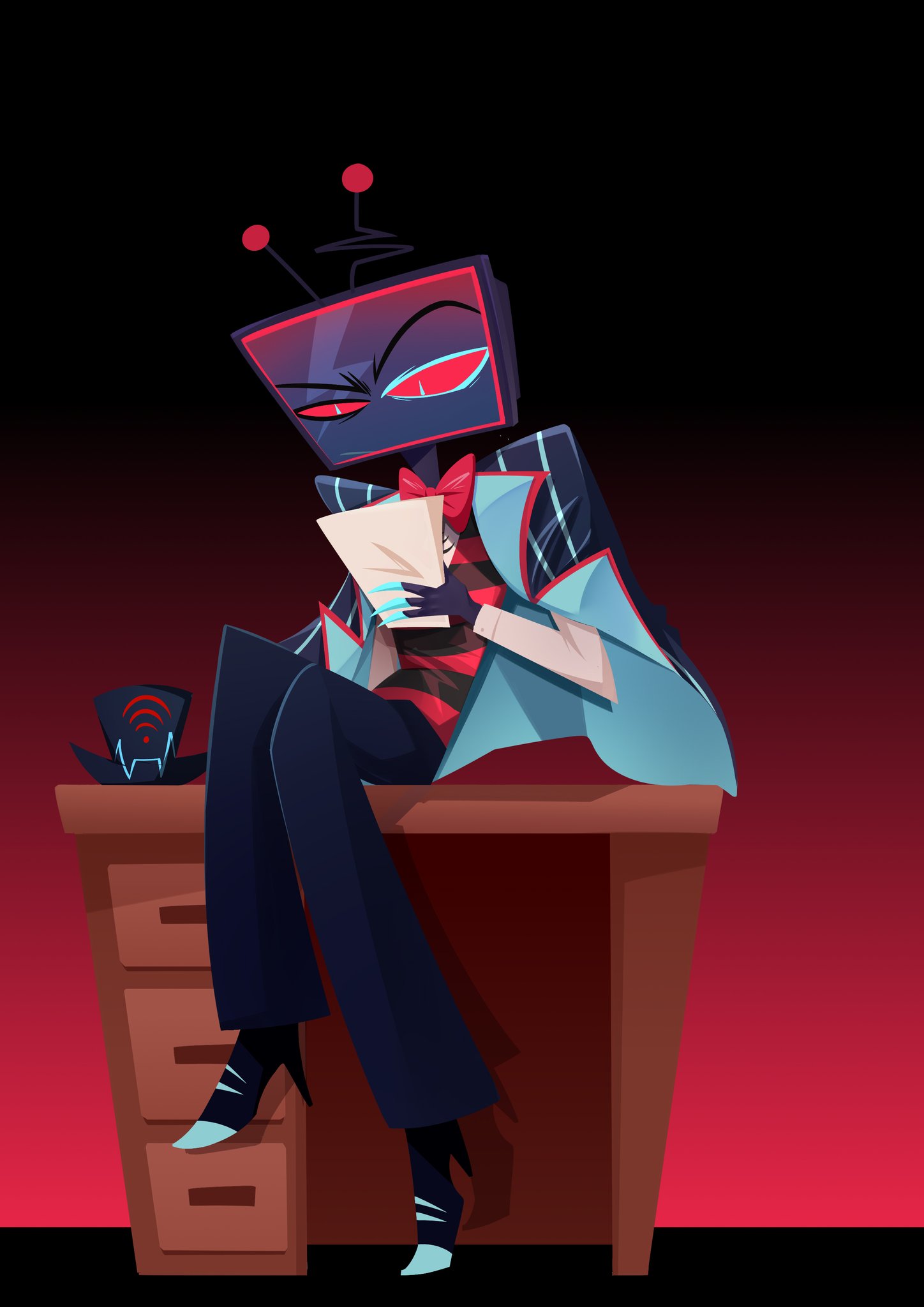 clothed, clothed sex, gay, gyu0000o, hazbin hotel, male, missionary position, tongue kiss, undoing clothing, valentino (hazbin hotel), vox (hazbin hotel)