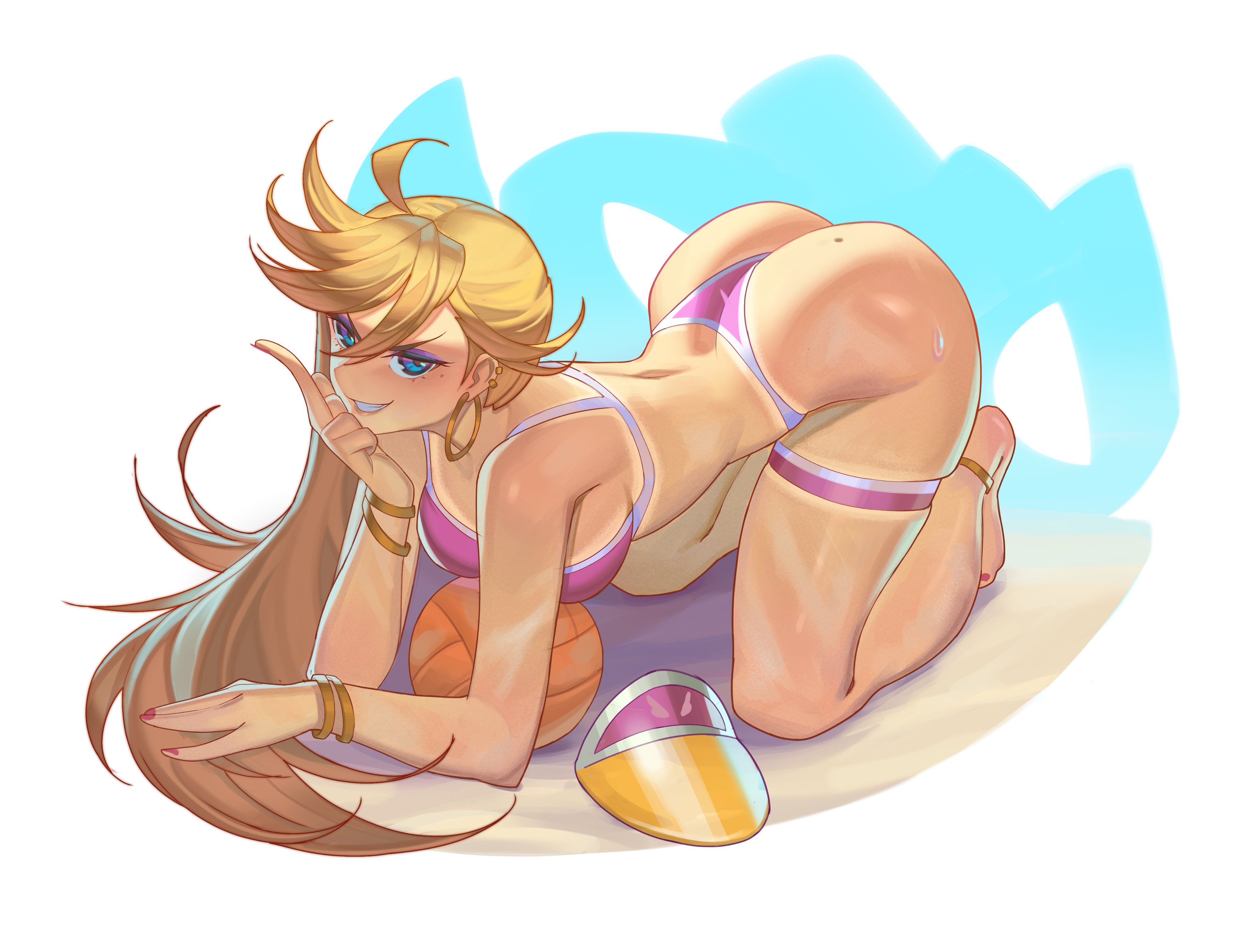 1girls, ass, beach, bikini, blonde hair, blue eyes, bubble ass, bubble butt, curvy, female, light skin, light-skinned female, on hands and knees, panty & stocking with garterbelt, panty anarchy, pink bikini, round ass, roxy thefoxy, volleyball