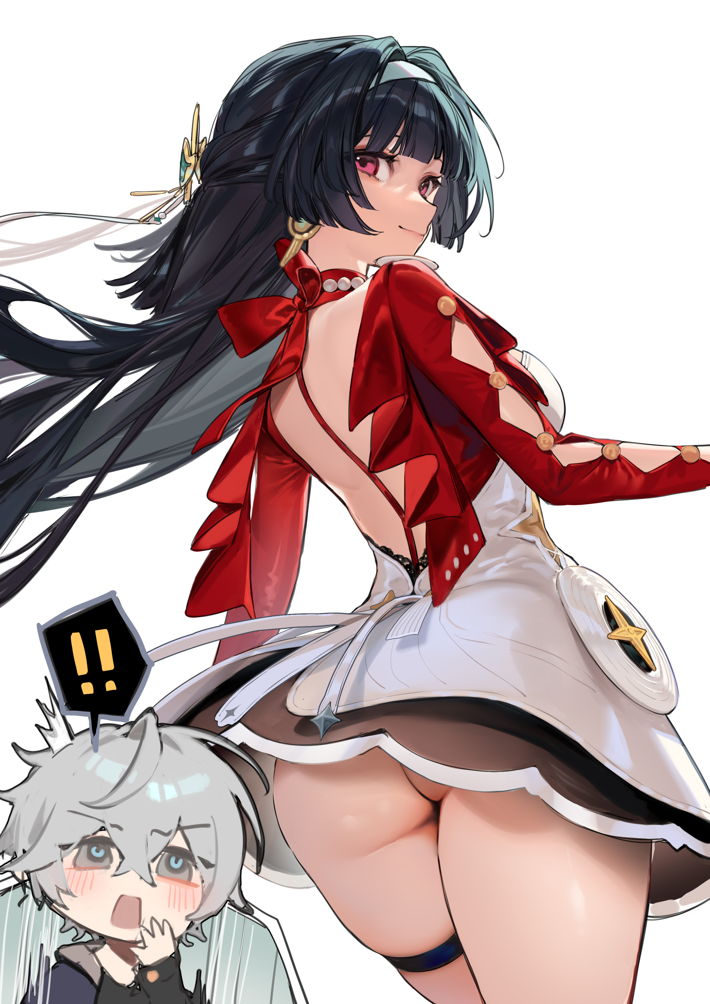 !, !!, 1boy, 1girls, absurdres, ass, astra yao, black hair, bottomless, breasts, closed mouth, commentary request, cowboy shot, dress, earrings, female, from behind, grey hair, hairband, highres, jacket, jewelry, large breasts, long hair, looking at viewer, male, no panties, red eyes, red jacket, short dress, simple background, smile, smilesmile1312, solo focus, thigh strap, white background, white dress, white hairband, wise (zenless zone zero), zenless zone zero