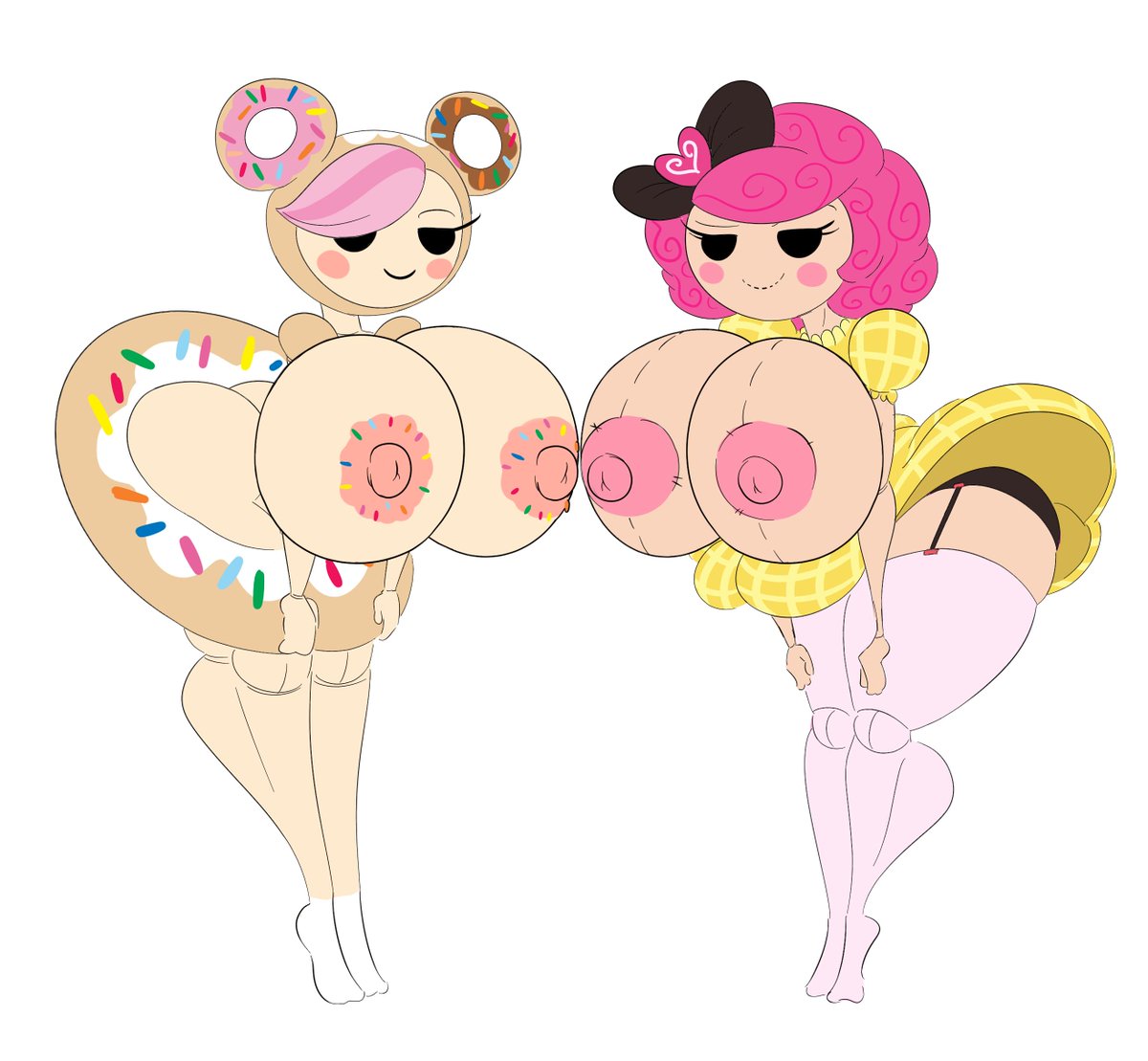 2girls, absurd res, accessory, alternate costume, areolae, ass, big ass, big breasts, big nipples, black bow, black eyes, blouse, blush, blush stickers, breasts, breasts out, bubble ass, bubble butt, busty, button eyes, cheek blush, child bearing hips, closed mouth, clothed, clothing, cowboy shot, crumbs sugar cookie, curly hair, curvaceous, curvy, curvy figure, digital media (artwork), doll, doll joints, donut, donutella (tokidoki), dress, duo, feet, feet up, female, female focus, female only, full body, fully clothed, garter belt, garter straps, hair, hair bun, hairbow, hand on thigh, headband, hi res, hood, hourglass figure, huge ass, huge breasts, human, humanoid, lalaloopsy, large breasts, legwear, light skin, light-skinned female, living doll, looking at viewer, mannequin, mature female, miniskirt, mob face, multiple females, multiple girls, nipples, pattern, pink hair, pink legwear, pink nipples, plaid, plaid dress, puffy sleeves, seductive, seductive smile, short hair, simple background, simple eyes, skimpy, slim waist, small waist, solo, solo female, solo focus, stockings, tasteofchoklit, thick thighs, thighhighs, thighs, thunder thighs, tits, tokidoki, twintails, underwear, voluptuous, white background, wide hips, yellow dress