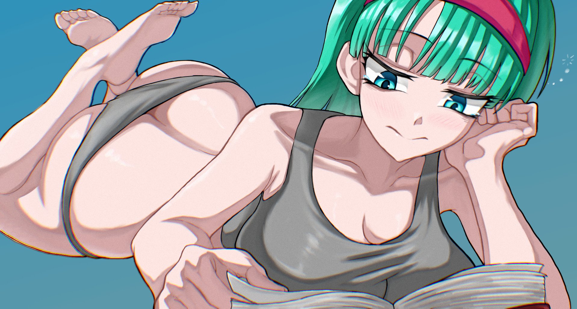 1girls, ass, big ass, big breasts, breasts, bulma briefs, bulma briefs (frieza saga), busty, cleavage, dragon ball, dragon ball z, feet, female, green eyes, green hair, hairband, laying on stomach, light skin, light-skinned female, panties, reading, takundraws, tank top