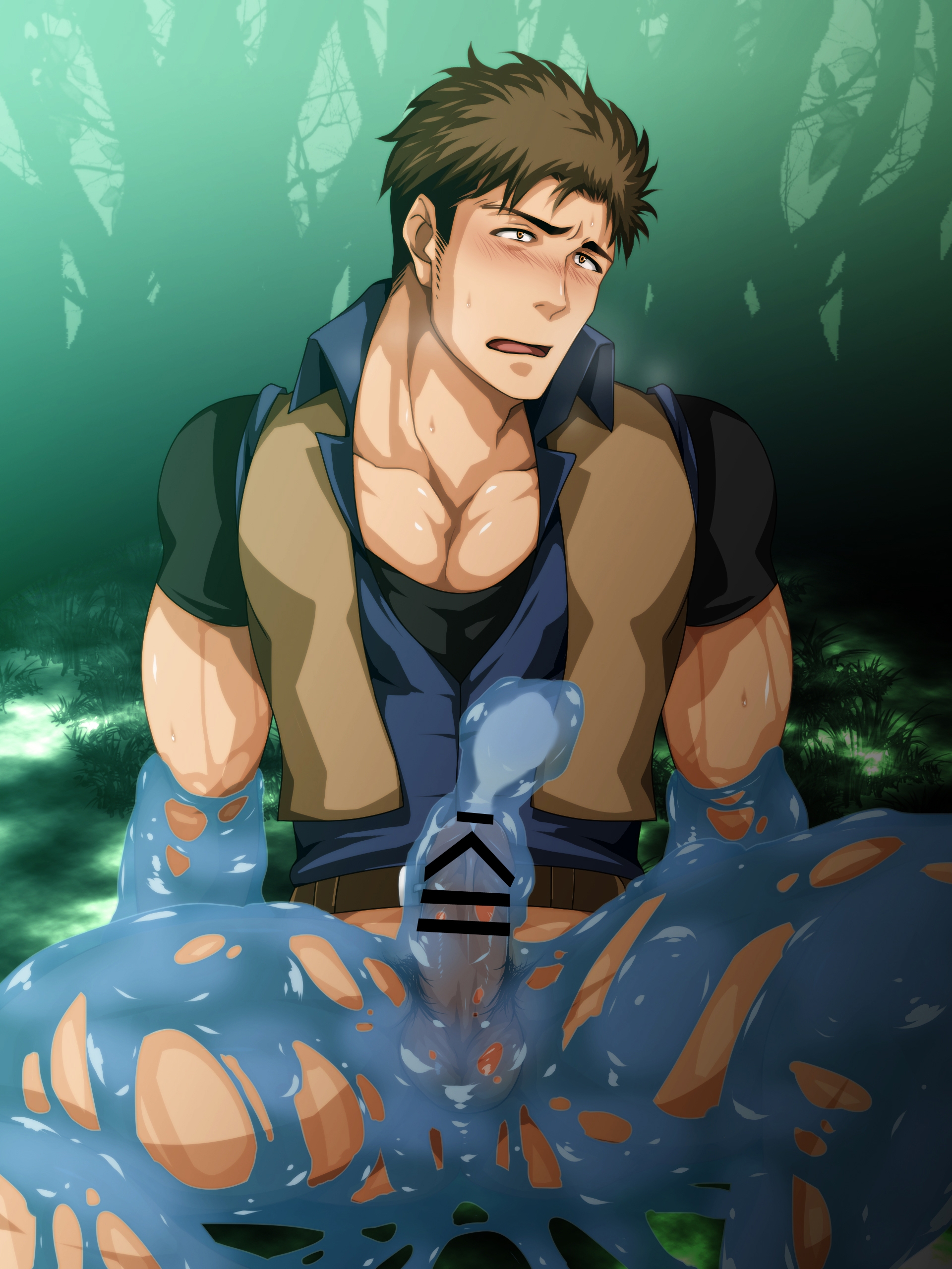 1boy, balls, biceps, big penis, blush, bottomless, brown hair, censor bar, censored, censored penis, cum, cum in slime, cum inside, cum while forced, cum while restrained, dissolving clothes, duo, ejaculation, erection, foreskin, foreskin folds, forest, frenulum, frown, gay, hi res, legs apart, looking up, male, male only, male rape victim, mature male, monster, murakami tarosu, muscles, muscular, muscular arms, muscular male, nakadashi, orgasm, original, original character, outdoors, pecs, penis, pointless censoring, pubic hair, raped, raped by monster, restrained, restrained arms, restrained legs, retracted foreskin, reverse rape, semen, short hair, sitting, slime, slime on arm, slime on body, slime on leg, slime on penis, swamp, sweat, sweatdrop, thick penis, thisarmor, uncircumcised, uncut, veiny penis, vest