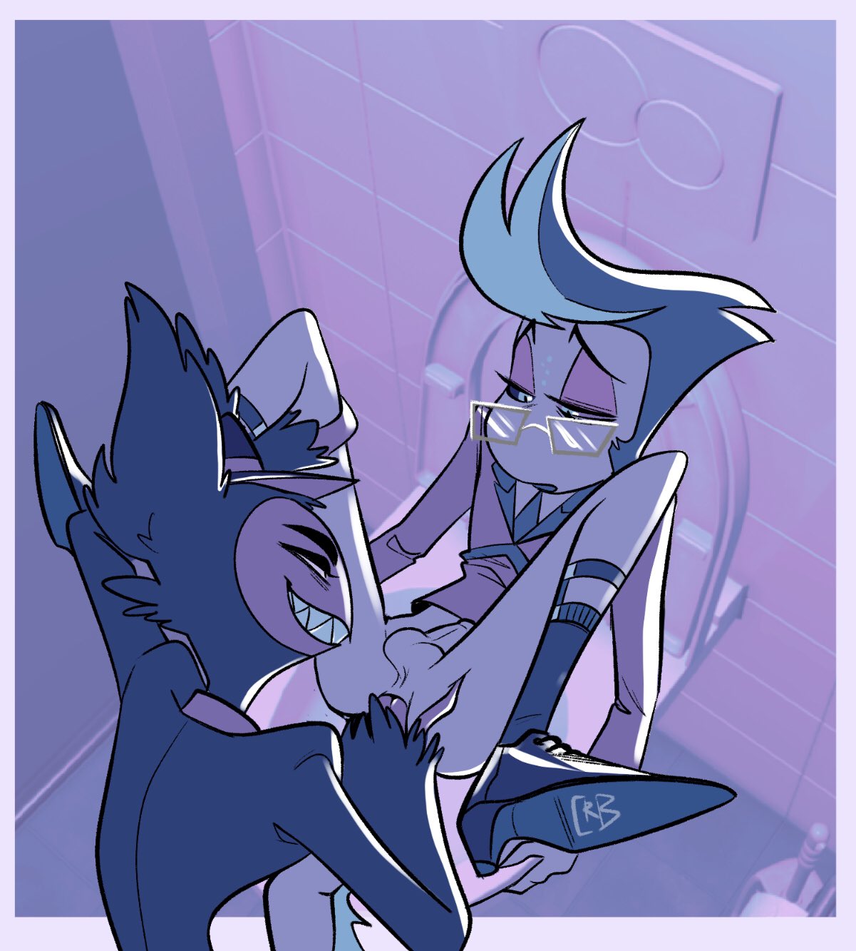 bathroom, clothed, ethan (hazbin hotel), fingering, hazbin hotel, pleasure face, smirk, travis (hazbin hotel), vox's assistant (hazbin hotel)