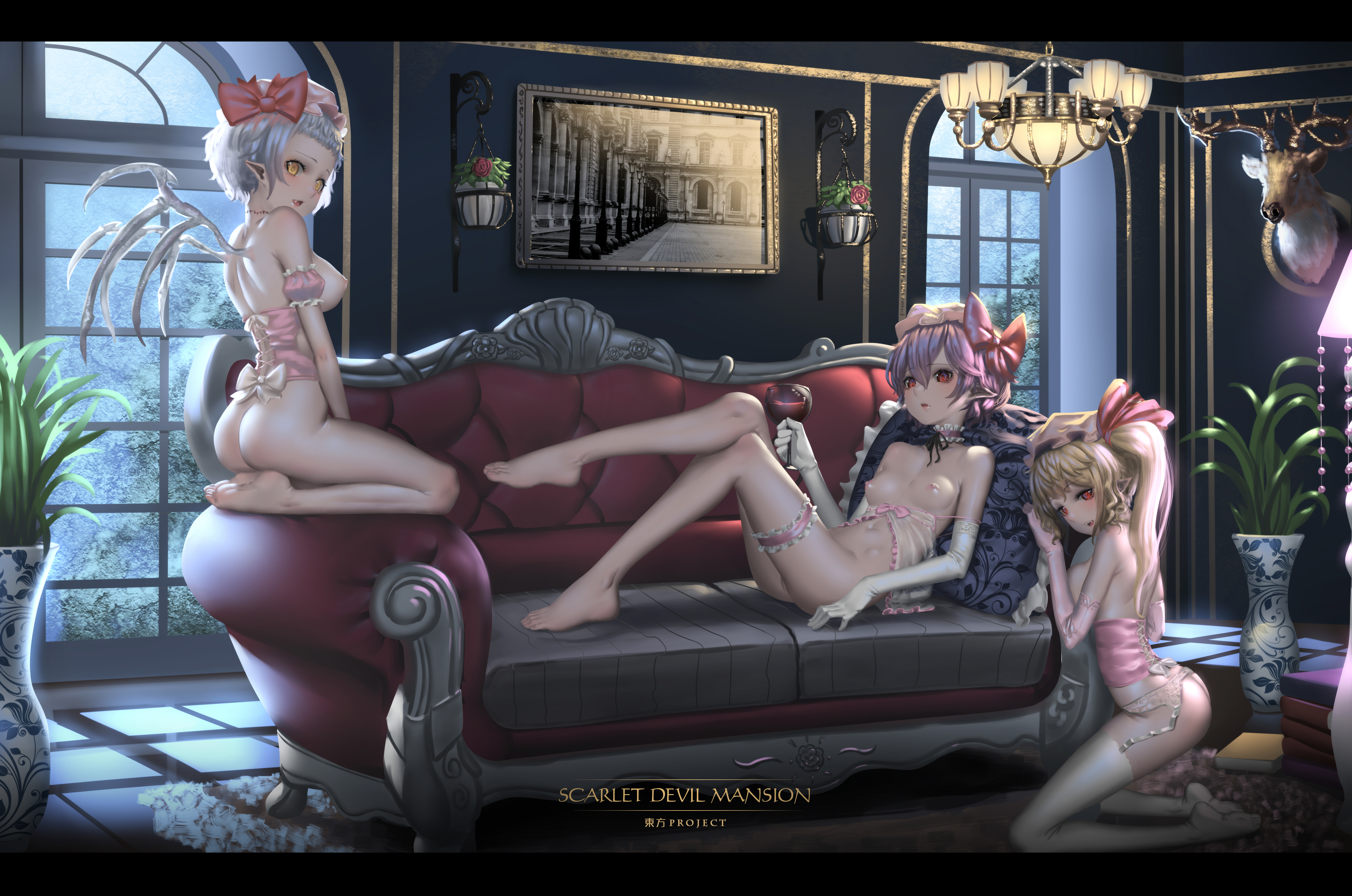 3girls, alcohol, areolae, ass, barefoot, bone, bottomless, breasts, character request, corset, feet, female, flandre scarlet, garter, garter belt, high resolution, hk (artist), large breasts, large filesize, legs, lingerie, multiple females, multiple girls, nipples, no bra, nopan, open clothes, open shirt, pointy ears, red eyes, remilia scarlet, small breasts, stitches, tagme, thighhighs, touhou, transparent, very high resolution, wings, yellow eyes