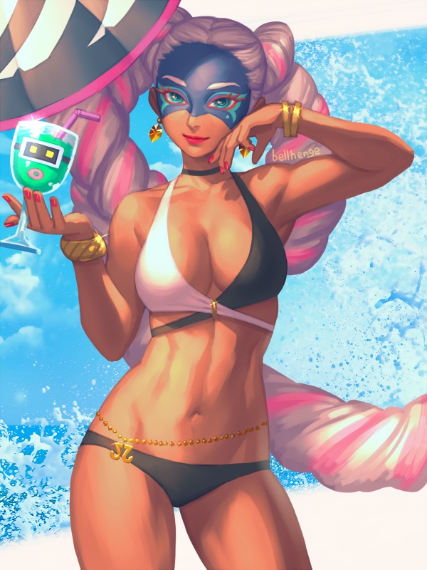 abs aqua_eyes armpits arms_(game) bangle beach bellhenge belly_chain bikini bikini_bottom bikini_top blue_eyes bracelet breasts cleavage closed_mouth dark-skinned_female dark_skin earrings female female_only green_eyes helix helix_(arms) large_breasts long_hair looking_at_viewer mask navel nintendo outdoors pink_hair silver_hair solo toned twintails twintelle very_long_hair white_hair wine_glass