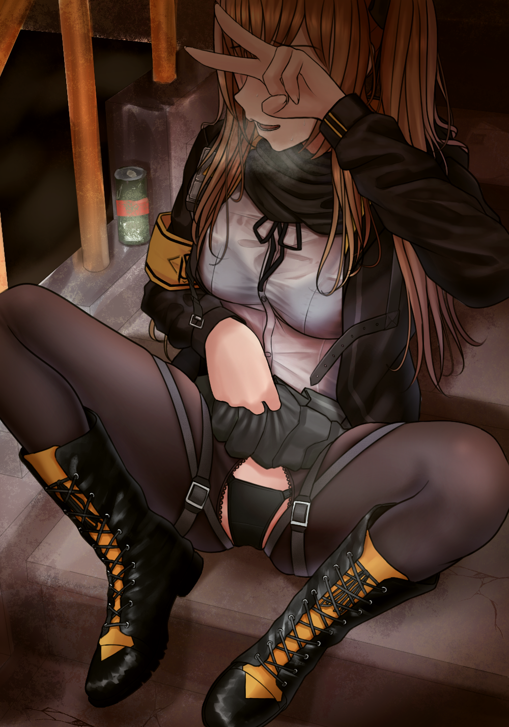 armband belt boots bra brown_hair can covering_face female girls'_frontline heavy_breathing highres jacket long_hair miniskirt pleated_skirt pubic_hair pussy see-through skirt solo spread_legs stairs testame thighhighs twintails ump9_(girls'_frontline) underwear v