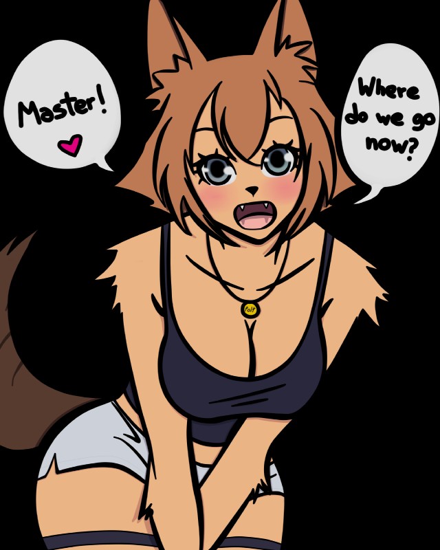 animal ears, animal humanoid, animal tail, anthro, big breasts, blank background, blue eyes, blush, breasts, brown fur, canine, dog ears, dog girl, dog tail, english text, female, female only, fully clothed, fur, furry, heart, mammal, monster girl, monster musume no iru nichijou, necklace, no bra, polt, polt (monster musume), sportswear