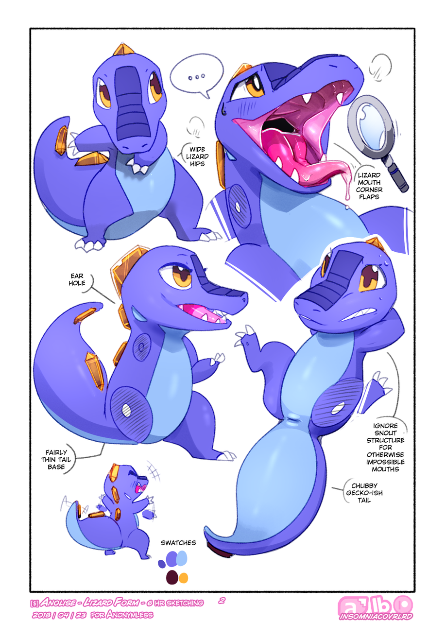 ... 2018 animal_genitalia anolise big_mouth blue_scales cloaca english_text female feral gem horizontal_cloaca insomniacovrlrd lizard magnifying_glass model_sheet multiple_poses open_mouth orange_eyes page_2 pose purple_scales reptile saliva scales scalie solo spread_legs spreading sweat text thick_tail