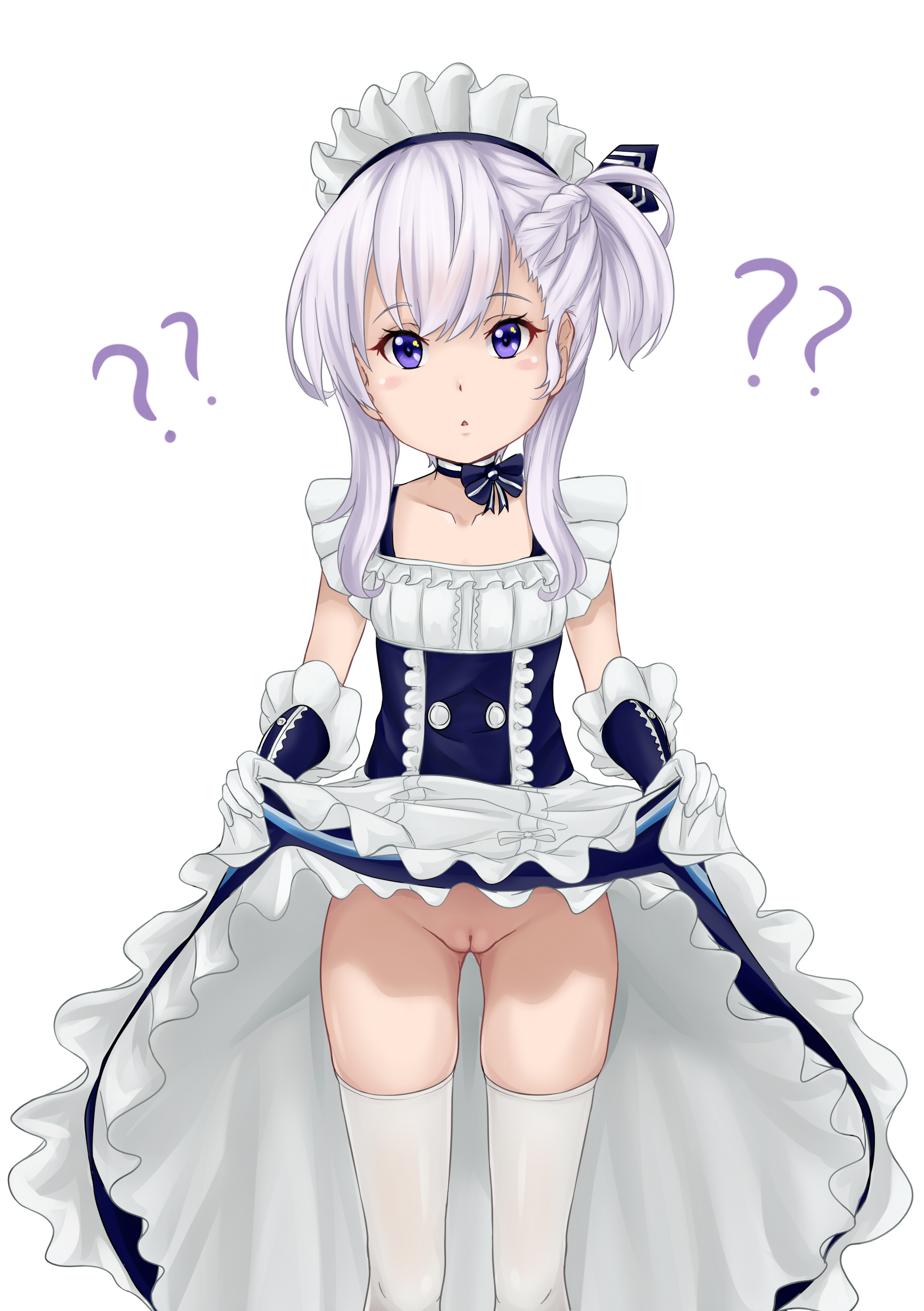 ?, azur lane, belchan (azur lane), belfast (azur lane), blue eyes, bow, djloops, dress, dress lift, eyebrows visible through hair, female, lifted by self, maid, no panties, pussy, simple background, solo, standing, thighhighs, uncensored, white background, white hair, white legwear