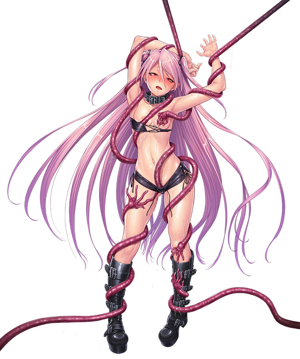 bondage boots breast_grab breasts chains collar consensual_tentacles creature curvy felicia_(taimanin_kurenai) female full_body gluteal_fold grabbing lilith-soft long_hair looking_at_viewer moaning naughty_face navel nipples partially_visible_vulva pink_hair puffy_nipples red_eyes shiny_skin short_shorts shorts simple_background small_breasts smile solo sweat taimanin_(series) taimanin_asagi_battle_arena taimanin_kurenai tentacle twintails very_long_hair weapon white_background zol