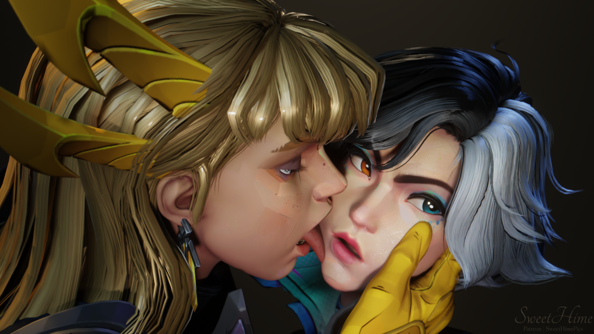 2girls, 3d, blonde hair, blue eyes, brown eyes, earrings, female, female only, gloves, headpiece, heterochromia, licking, licking face, looking away, luna snow, luna snow (marvel rivals), magik (illyana rasputin), magik (marvel rivals), magik (retro x-uniform), marvel, marvel comics, marvel rivals, simple background, snowsword, sweethime, tongue, two-tone hair, yuri
