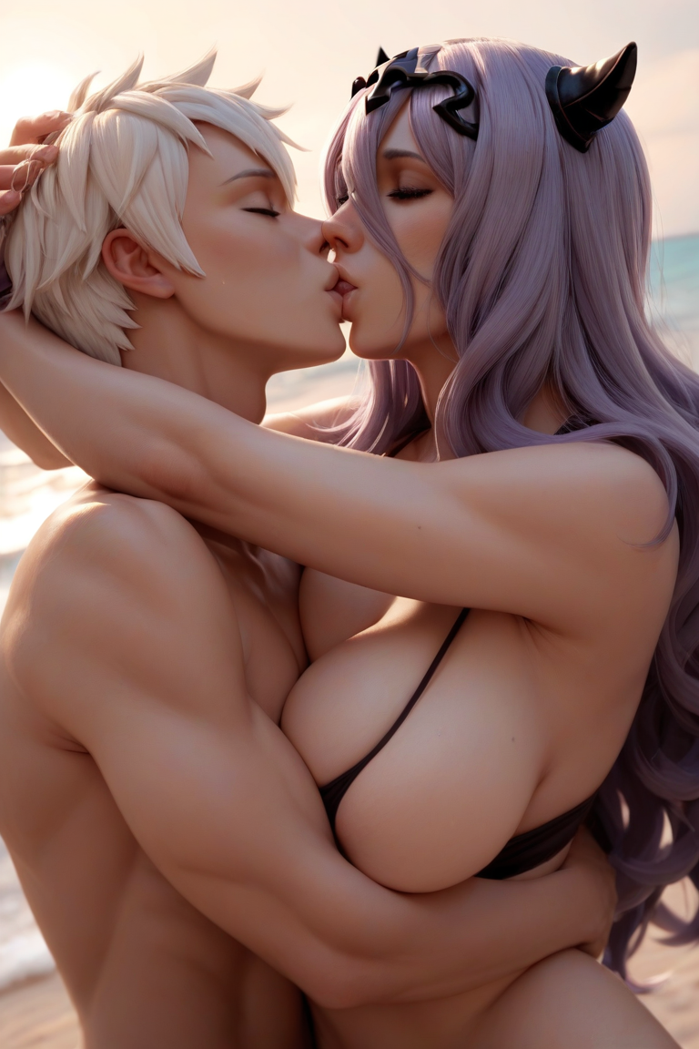 ai_generated beach camilla_(fire_emblem) fire_emblem fire_emblem_awakening fire_emblem_fates hug huge_breasts kiss_on_lips kissing purple_hair robin_(fire_emblem) robin_(fire_emblem)_(male) white_hair