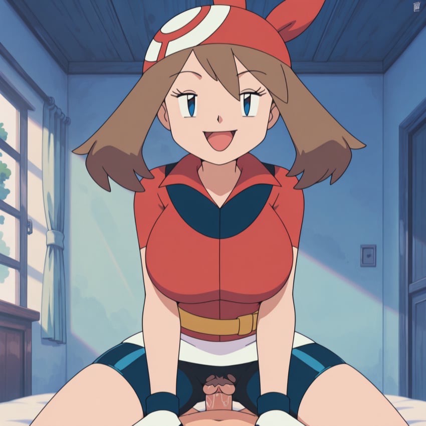 accurate art style, ai generated, bike shorts, brown hair, clothed female, female, female on top, looking at viewer, may (pokemon), open mouth, pokemon, ripped clothing