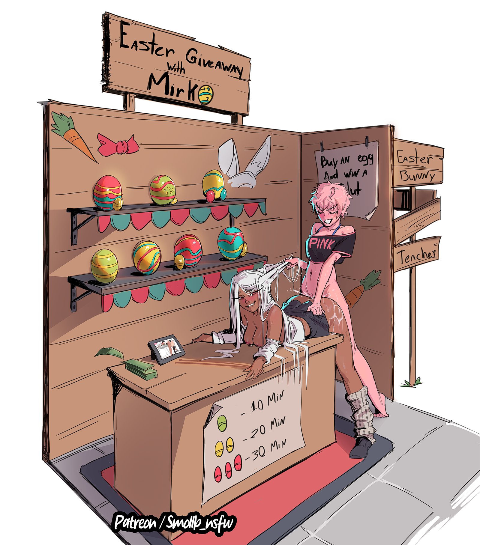 1futa, 1girls, ambiguous penetration, ass, big ass, big breasts, boku no hero academia, cum, cum on ass, cum on body, dark skin, dark-skinned female, female, from behind, futa on female, futanari, intersex, large ass, large butt, mina ashido, miruko, my hero academia, pink hair, pink skin, pink-skinned futa, pulling hair, rumi usagiyama, smollb nsfw, teenager, white background, white hair