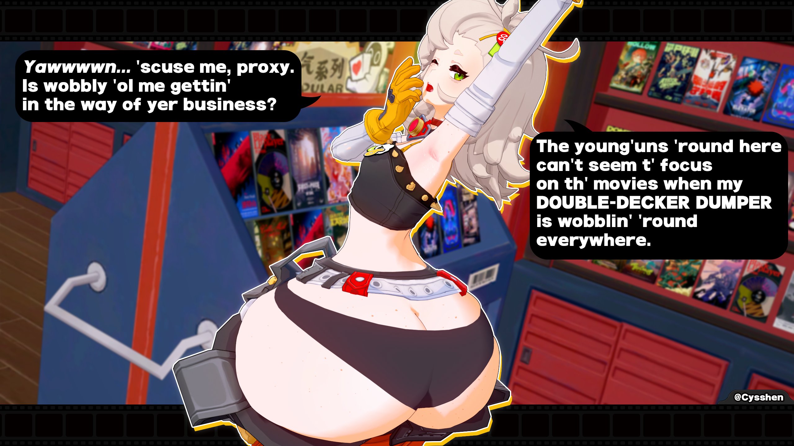 1girls, 3d, alternate version available, armpits, armwear, ass, ass bigger than head, behind view, big ass, big butt, bottom heavy, bubble ass, bubble butt, clothing, curvaceous, curvy, curvy figure, cyshen, dialogue, dirty talk, english text, female, female only, gloves, green eyes, grey hair, huge ass, long hair, looking back, mostly clothed, one eye closed, open mouth, pear shaped, piper wheel, slim waist, solo, solo female, talking to viewer, text, tired, voluptuous, voluptuous female, wide hips, yawn, zenless zone zero