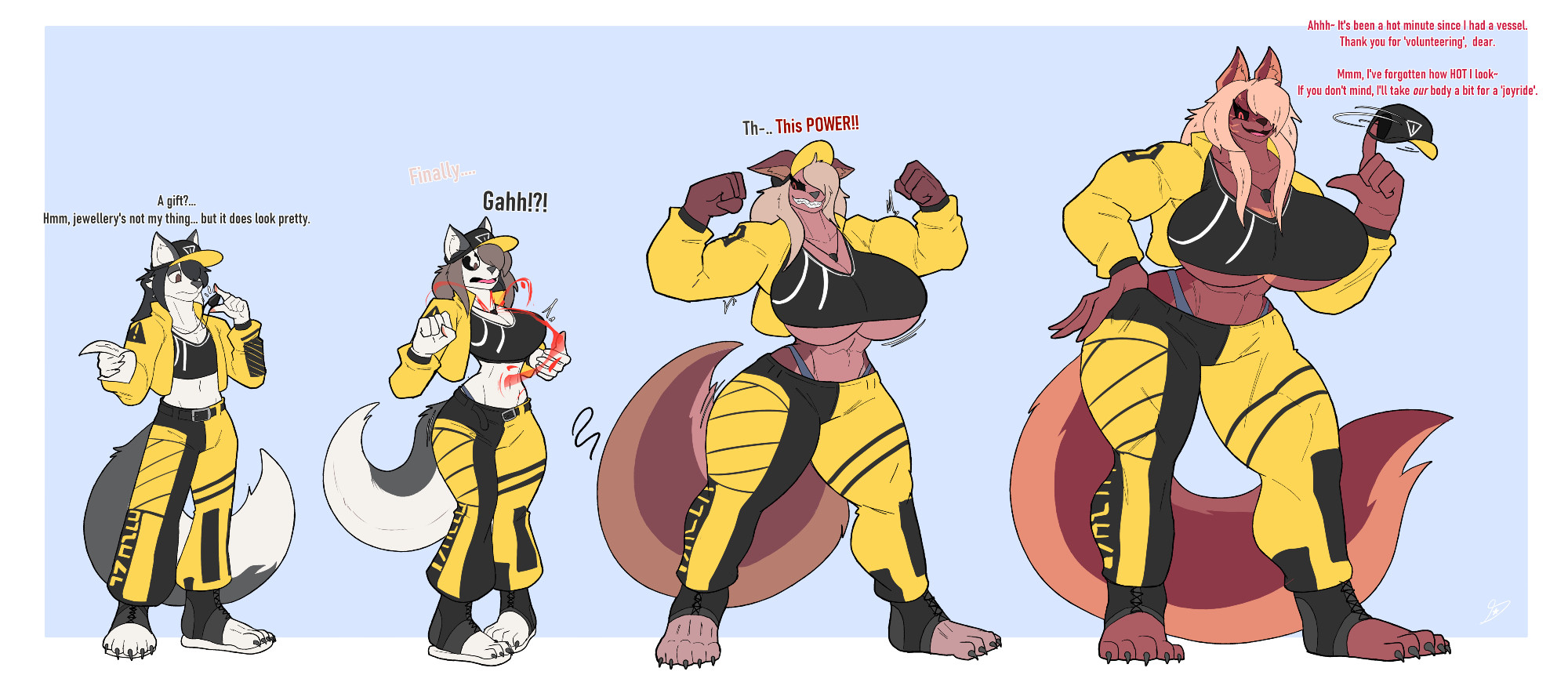 anthro, ass expansion, breast expansion, breast growth, breast growth (enlargement), breasts, dreamerknights, female, fur, gender transformation, mtf transformation, muscle growth, muscular, muscular female, original character, possession, sequence, size transformation, tagme, transformation, wolf