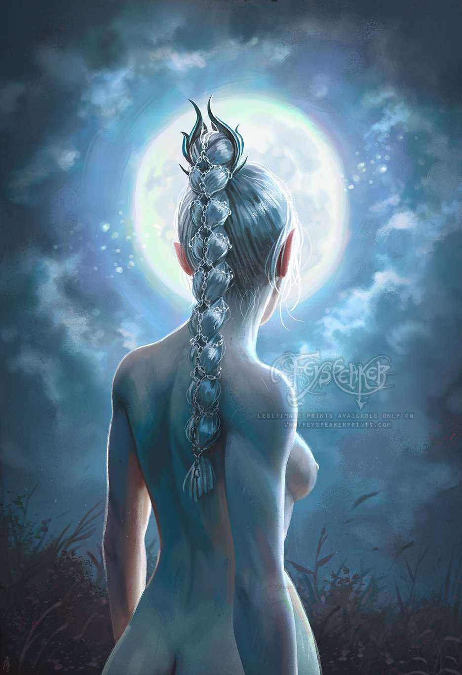 1girls, art, back view, baldur's gate 3, braid, braided hair, breasts, dungeons and dragons, elf, elf ears, elf female, fanart, female, female only, feyspeaker, forgotten realms, medium breasts, moon, moonlight, night, nipples, nude, nude female, outdoor nudity, outdoors, pointy ears, shadowheart, solo, solo female, unseen female face, white hair