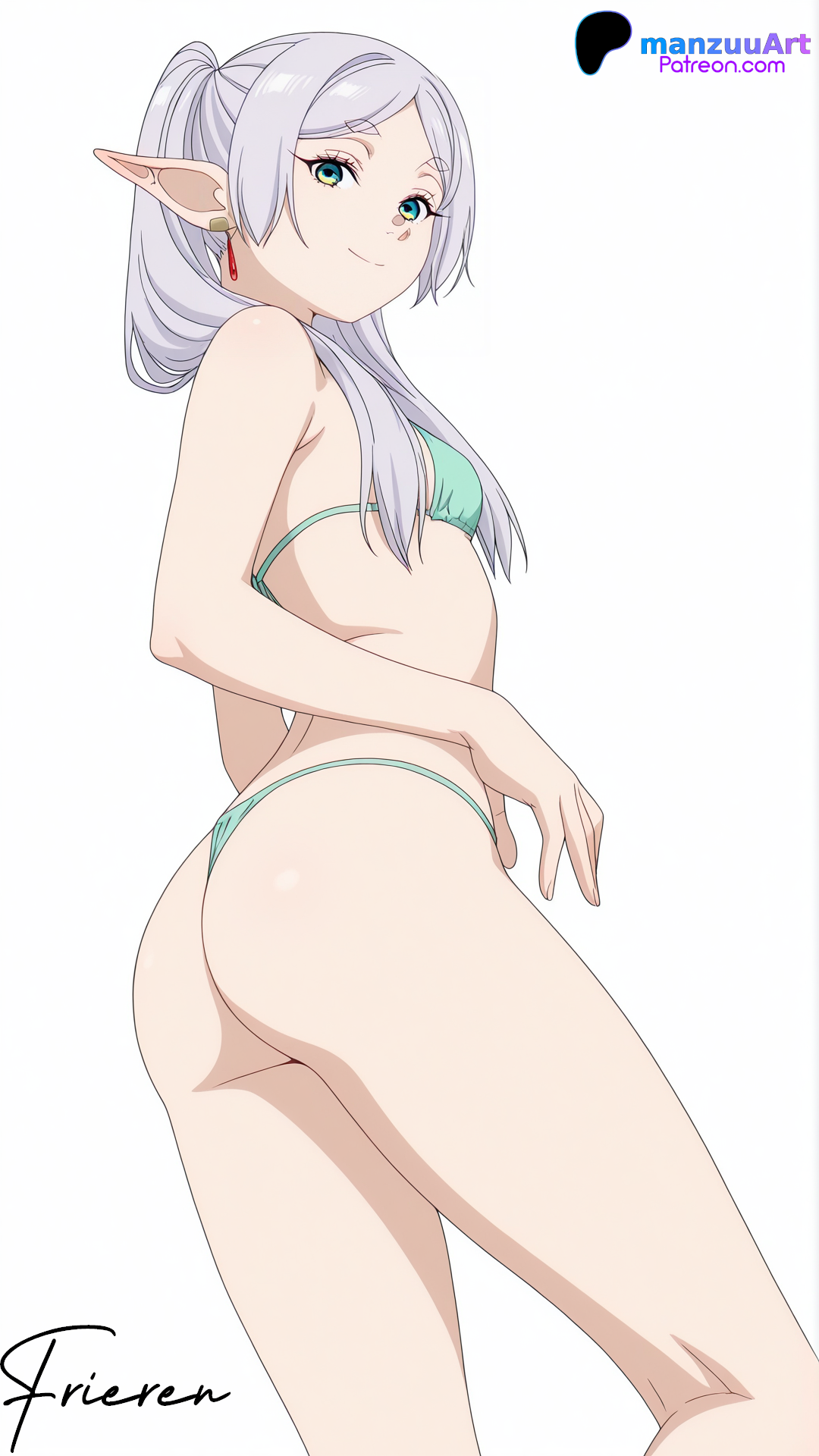 1girls, ai generated, ass, big ass, bikini, female, frieren, green eyes, manzuuart, silver hair, sousou no frieren, stable diffusion, white background