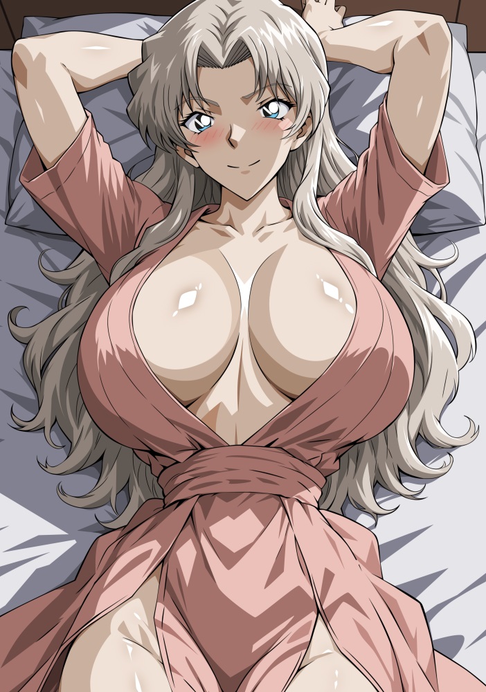 1girls, alluring, bed, big breasts, breasts, cleavage, detective conan, female, nightgown, on bed, pin up, silver hair, teal eyes, vermouth, yxyyxy
