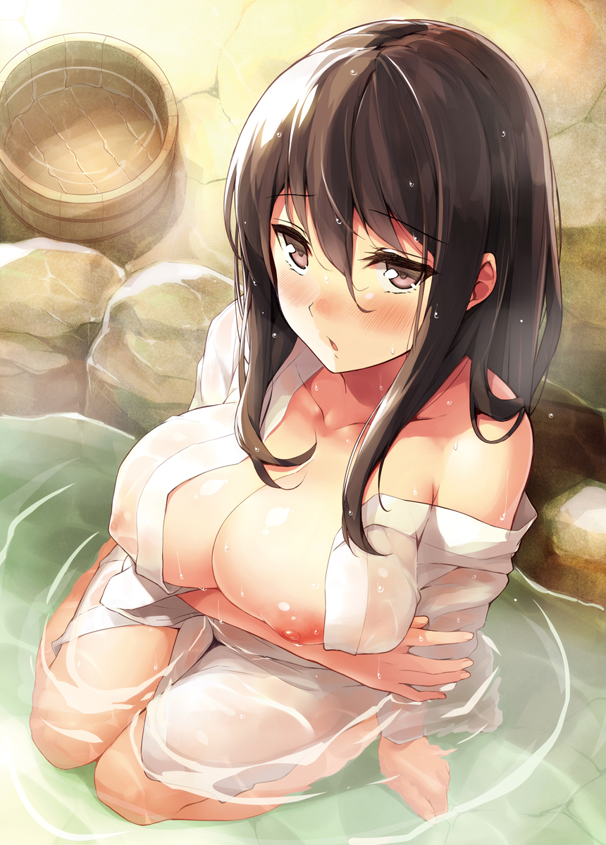 black hair, blush, breast hold, breasts, bucket, collarbone, female, from above, hair between eyes, highres, kekemotsu, large breasts, long hair, looking at viewer, nipples, off shoulder, original, partially submerged, see-through, shiny, shiny hair, sitting, solo, wariza, wet, wet hair