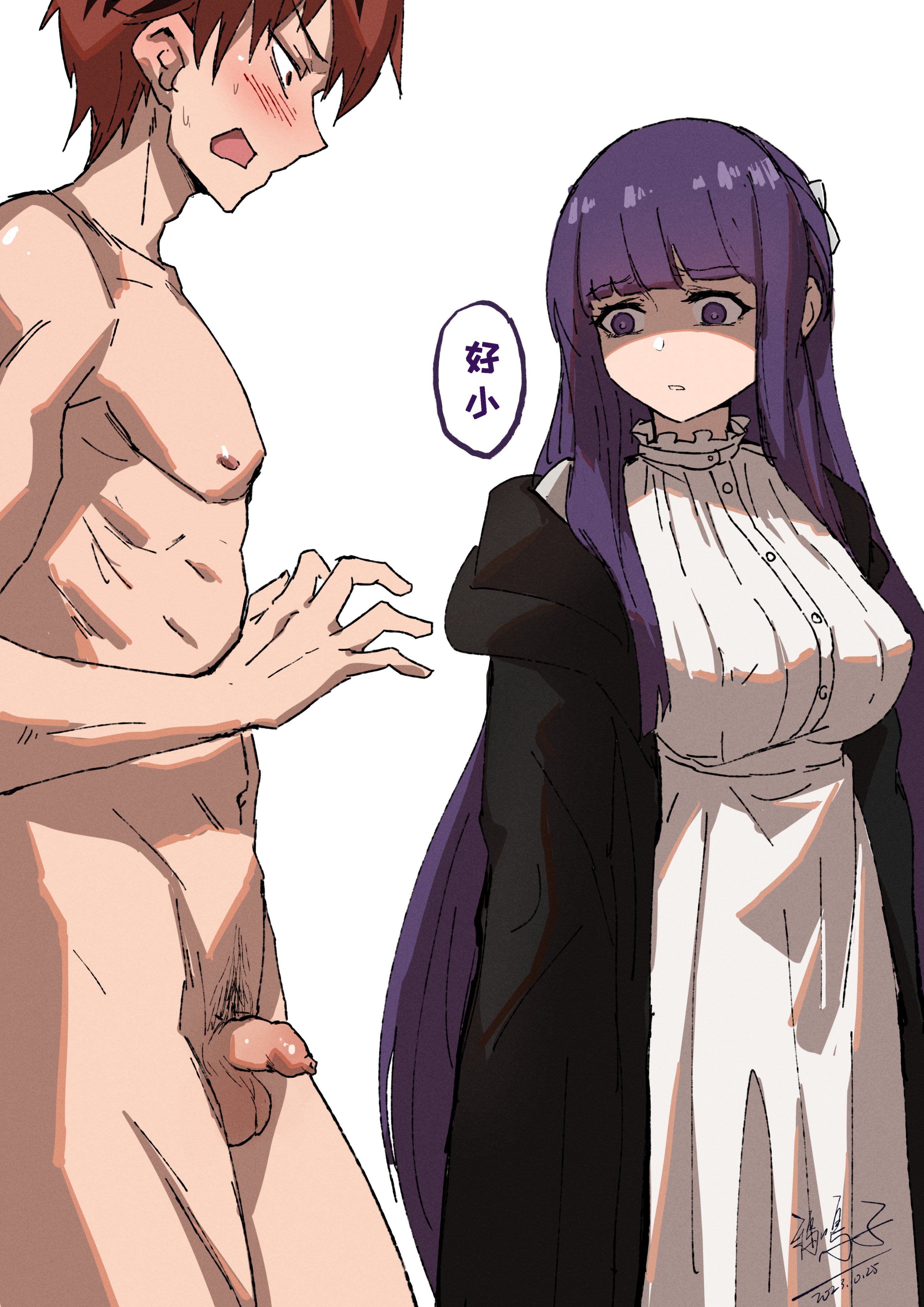 1boy, 1girls, big breasts, breasts, cfnm, clothed female nude male, female, fern (sousou no frieren), foreskin, human, male, morinosuke, nude, nude male, nude male clothed female, only one naked, penis, pubic hair, purple hair, small penis, small penis humiliation, sousou no frieren, sph, stark (sousou no frieren), uncircumcised