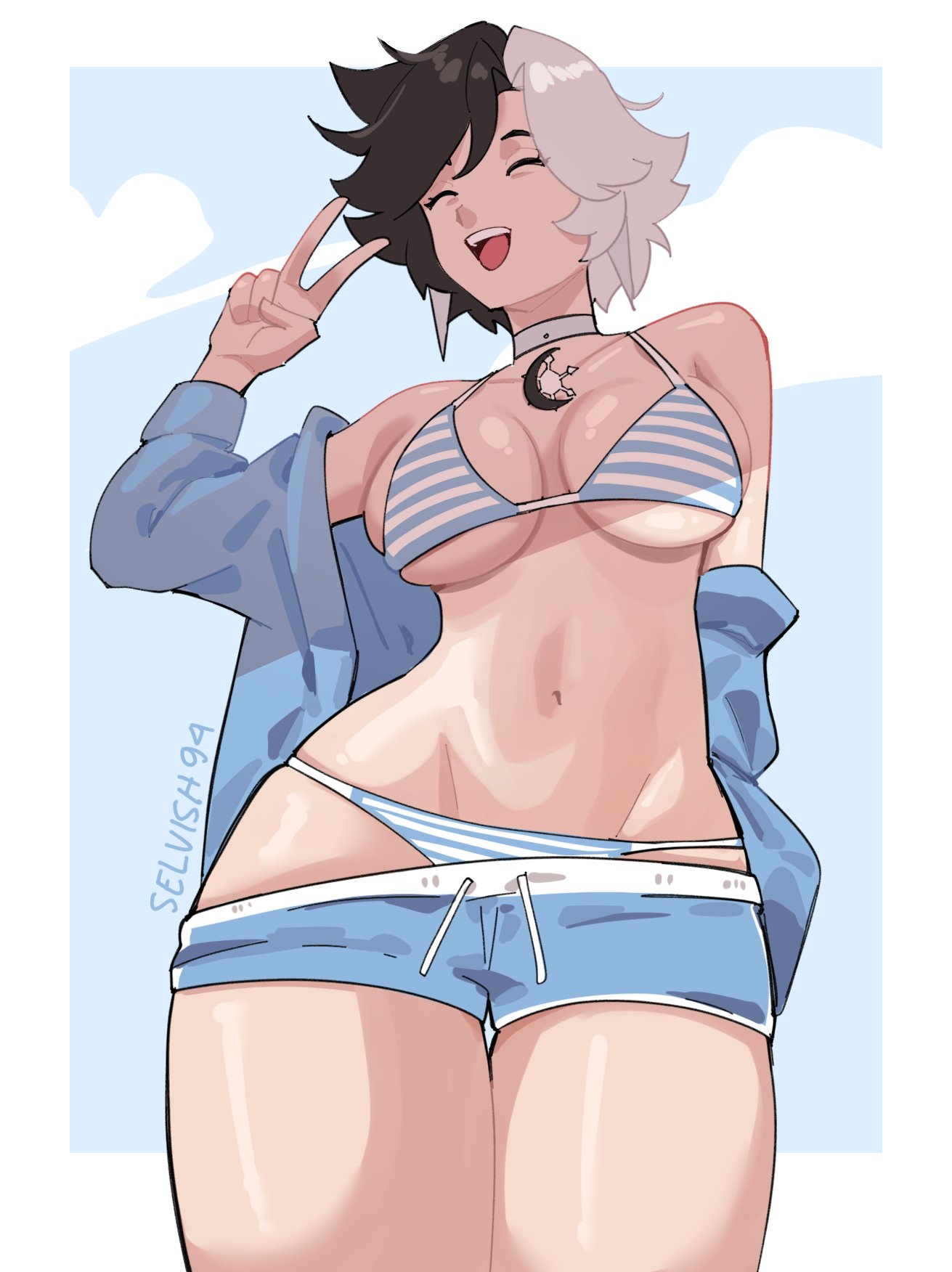 1girls, 2d, ass, beach, big ass, big breasts, bikini, black and white hair, bra, breasts, clothed, clothed female, covered nipples, female, female only, luna snow, luna snow (marvel rivals), marvel, marvel comics, marvel rivals, peace sign, selvish94, shorts, slim waist, smile, thick thighs, thighs, thong