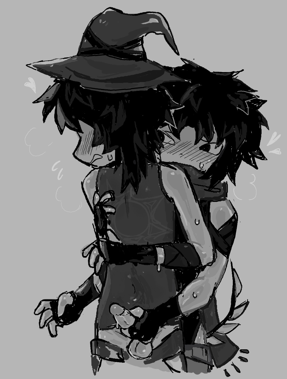 1boy, 1other, 2d, ambiguous gender, azure (forsaken), azureslut, black hair, blush, embarrassed, forsaken (roblox), gay, gay sex, gloves, hand on penis, handjob, heart symbol, hearts around head, holding other, holding penis, jerkingoff, jerkingoff another, male, male/male, muhosranskin, penis, roblox, roblox game, robloxian, self upload, sketchy, sweat, sweatdrop, tail, two time, white background, witch hat