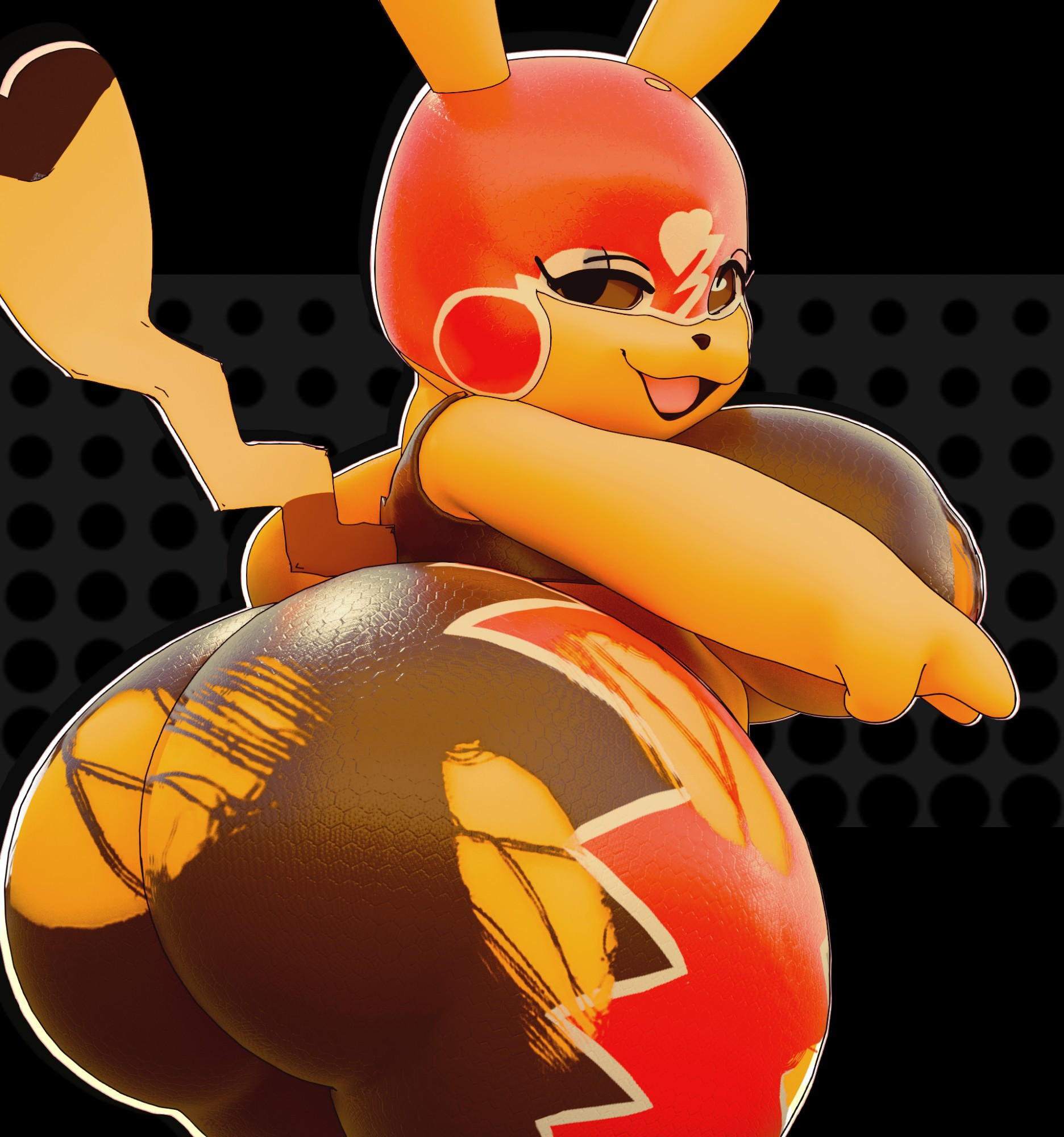 3d, anaroth, anthro, ass, bedroom eyes, big ass, big breasts, big butt, bodily fluids, breasts, clothed, clothing, cosplay pikachu, cosplay pikachu (costume), digital media (artwork), duo, female, fur, generation 1 pokemon, genitals, half-closed eyes, happy, hi res, huge ass, huge butt, huge thighs, koreyvee (modeler), looking at viewer, looking back, looking pleasured, mammal, narrowed eyes, nintendo, nipples, nude, open mouth, overweight, overweight anthro, overweight female, pikachu, pikachu libre, pokemon, pokemon (species), presenting, presenting hindquarters, rear view, rodent, seductive, shaking ass, shaking butt, simple background, smile, solo, tail, text, thick thighs, topwear, torn clothing, wide hips, yellow body, yellow fur