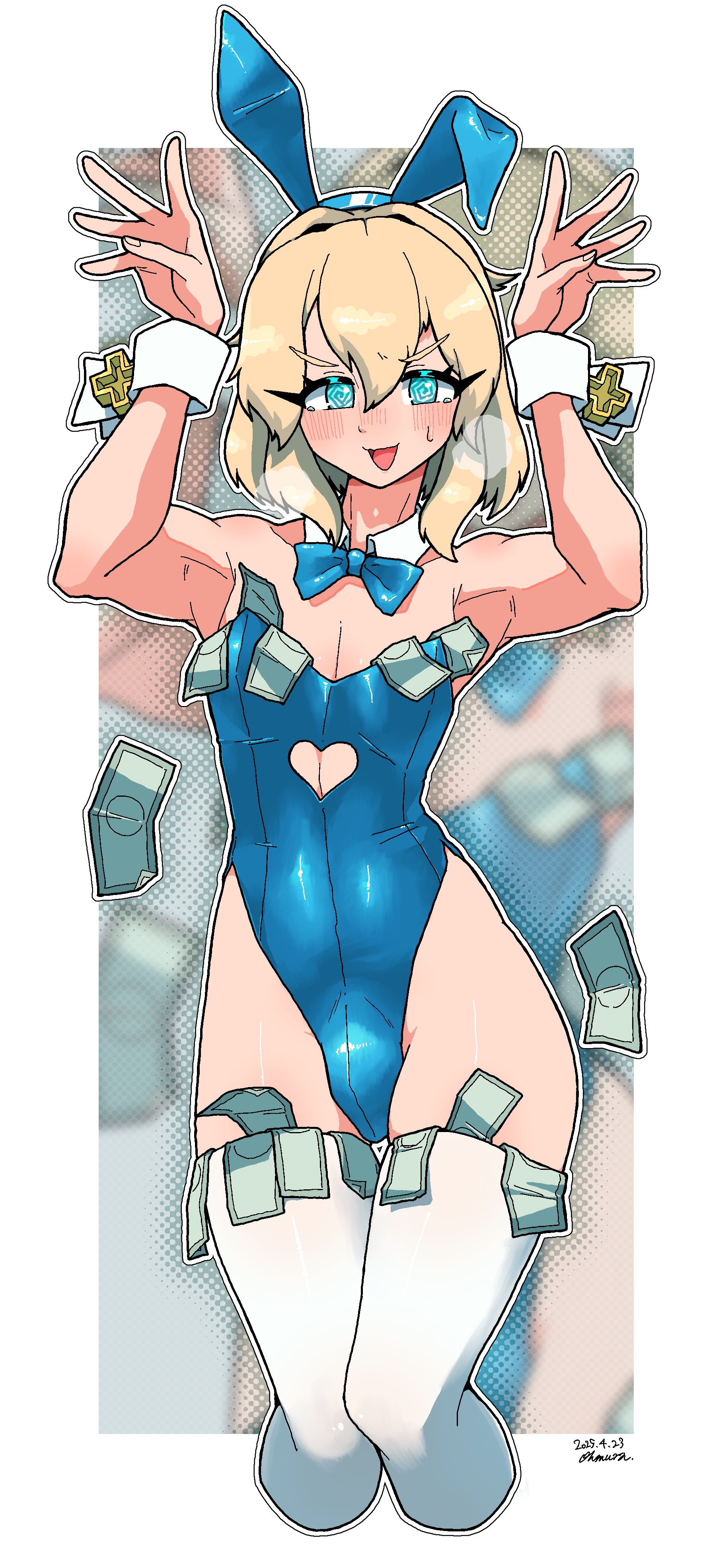 @ @, 1boy, absurdres, animal ears, banknote, blue bow, blue bowtie, blue eyes, blue leotard, blush, border, bow, bowtie, bridget, bulge, clothing cutout, crossdresser, crossdressing, crossdressing male, detached collar, fake animal ears, femboy, guilty gear, hair between eyes, heart cutout, highleg, highleg leotard, highres, leotard, looking at viewer, male, male focus, male only, money, ohmura denki, omura zojiki, open mouth, outline, outside border, playboy bunny, rabbit ears, rabbit pose, smile, solo, strapless, strapless leotard, sweat, thighhighs, trans, trans woman, transfem, transgender, transgender woman, trap, twink, white border, white outline, white thighhighs