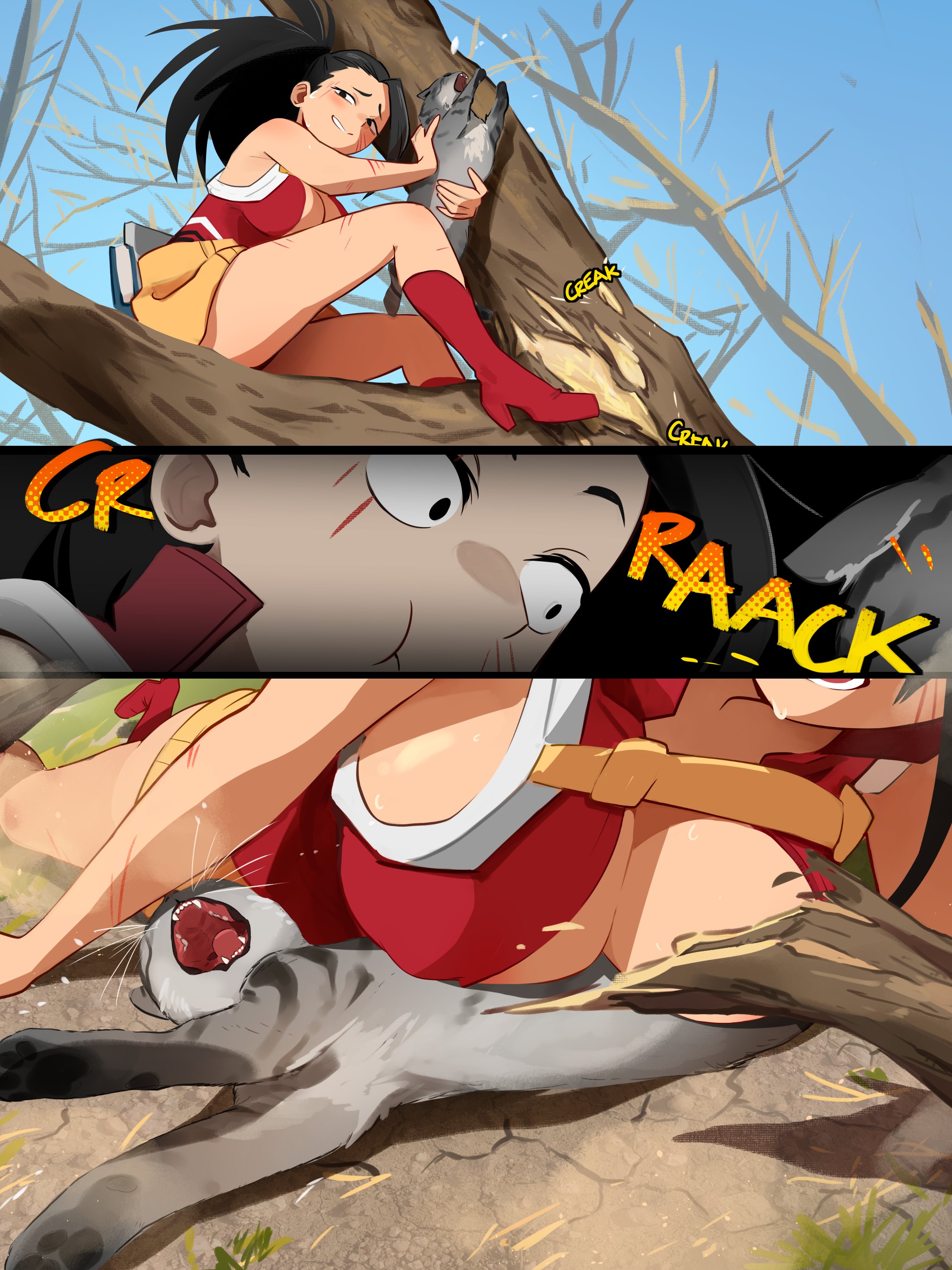 1animal, 1girls, 2025, 3 panel comic, balls, balls crushing, big breasts, black hair, black-haired female, blush, boku no hero academia, breasts, comedic, comedy, fat breasts, feline, female, funny, hero outfit (mha), khyleri, large breasts, light skin, light-skinned female, looking at viewer, male, meme, momo yaoyorozu, momo yaoyorozu (hero outfit), my hero academia, outside, scratches, smile, smiling, sound effect, thick thighs, tree, tree branch, twitter link, twitter username, yaoyorozu momo, yaoyorozu momo (hero outfit)