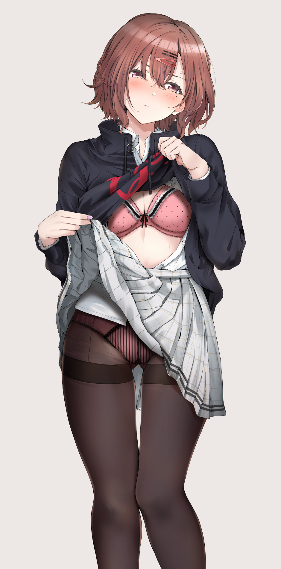amagasa ikuta, ass visible through thighs, black sweater, blush, bra, breasts, brown eyes, brown hair, cleavage, closed mouth, clothes lift, collared shirt, dress shirt, feet out of frame, female, grey background, hair ornament, hairclip, head tilt, highres, higuchi madoka, idolmaster, idolmaster shiny colors, lifting own clothes, long sleeves, looking at viewer, miniskirt, mole, mole under eye, open clothes, open shirt, panties, panties under pantyhose, pantyhose, pink bra, pink panties, plaid clothes, plaid skirt, pleated skirt, polka dot, polka dot bra, shirt, short hair, simple background, skirt, skirt lift, small breasts, solo, standing, striped clothes, striped panties, sweat, sweater, sweater lift, thigh gap, thighband pantyhose, unbuttoned, unbuttoned shirt, underwear, vertical-striped clothes, vertical-striped panties, white shirt, white skirt, wing collar