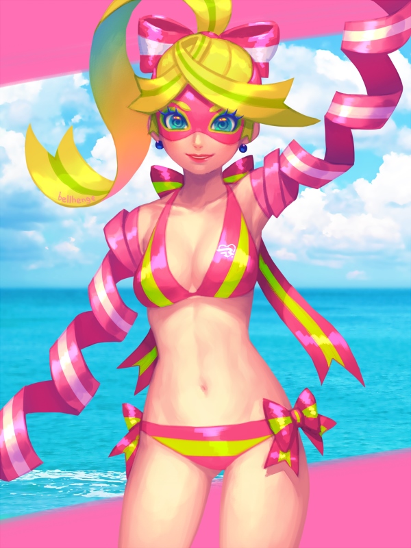 armpits arms_(game) bangs beach bellhenge bikini bikini_bottom bikini_top blonde_hair blue_eyes breasts cleavage earrings female female_only long_hair looking_at_viewer mask medium_breasts navel nintendo outdoors parted_lips ribbon ribbon_girl ribbons solo