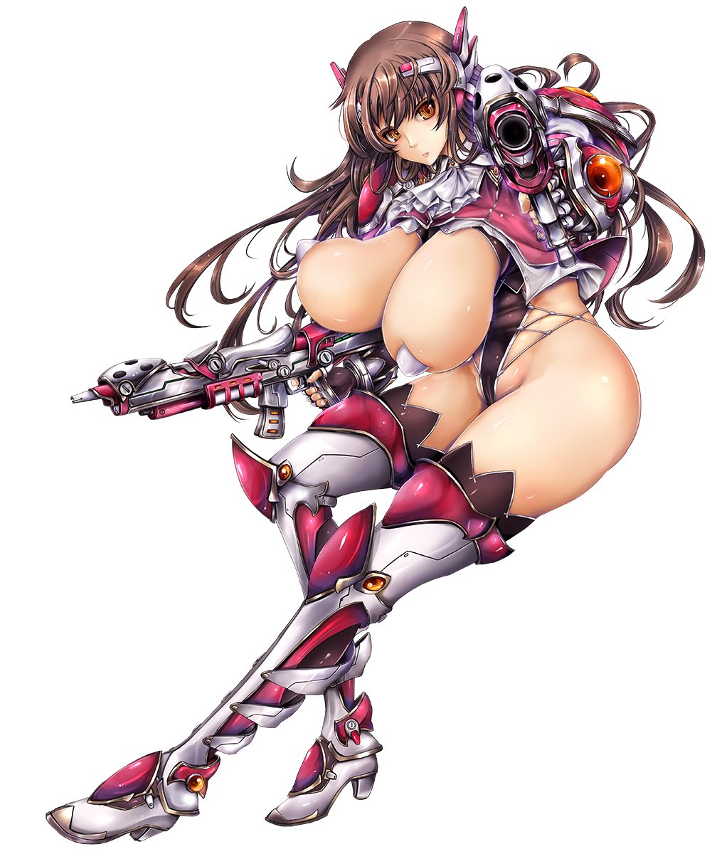 armor boots bouncing_breasts breasts brown_eyes brown_hair curvy female full_body gun huge_breasts leotard lilith-soft long_hair looking_at_viewer nipples partially_visible_vulva shiny shiny_skin simple_background solo taimanin_asagi_battle_arena tana_(garyuh-chitai) thalia_henderson thong_leotard weapon white_background