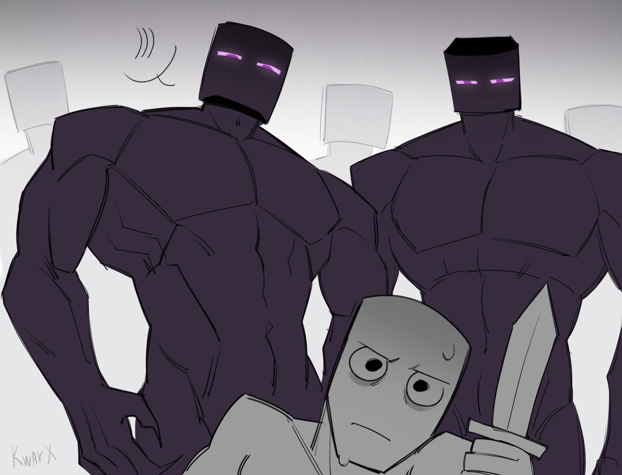 abs, biceps, breasts, buff, dark skin, dark-skinned male, dominant, dominant anthro, dominant male, duo, enderman, gay, gays, interspecies, kwarx, larger anthro, larger male, male, male only, male/male, male/male/male, masculine, masculine male, masculine man, minecraft, monster, muscular, muscular anthro, muscular chest, muscular male, naked, naked anthro, naked male, nude, nude anthro, nude male, pecs, purple eyes, size difference