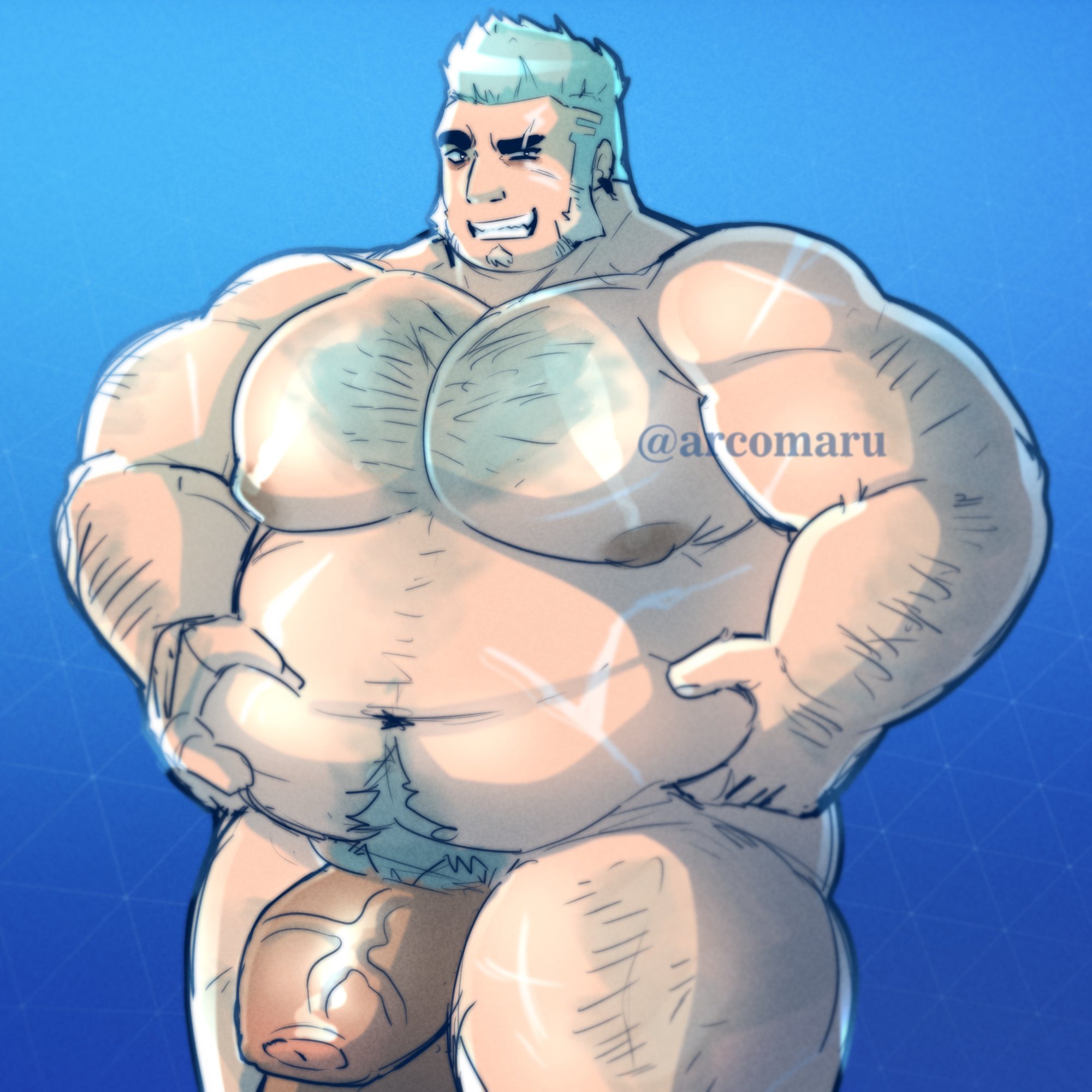1boy, 2d, 2d (artwork), arcomaru, areolae, artist name, balls, bear (body type), belly, big balls, big belly, big penis, body scars, chubby, chubby male, ear piercing, english text, eyebrow slit, facial hair, fat, fat male, fortnite, fortnite: battle royale, gay, goatee, hairy, hairy arms, hairy belly, hairy legs, hairy male, hands on belly, happy trail, looking at viewer, male, male only, moobs, mutton chops, nipples, penis, piercing, pubic hair, scars, sharp teeth, showing teeth, smile, smiling, smiling at viewer, solo, solo focus, solo male, teal hair, text, vik vyce, watermark, wink, winking, winking at viewer