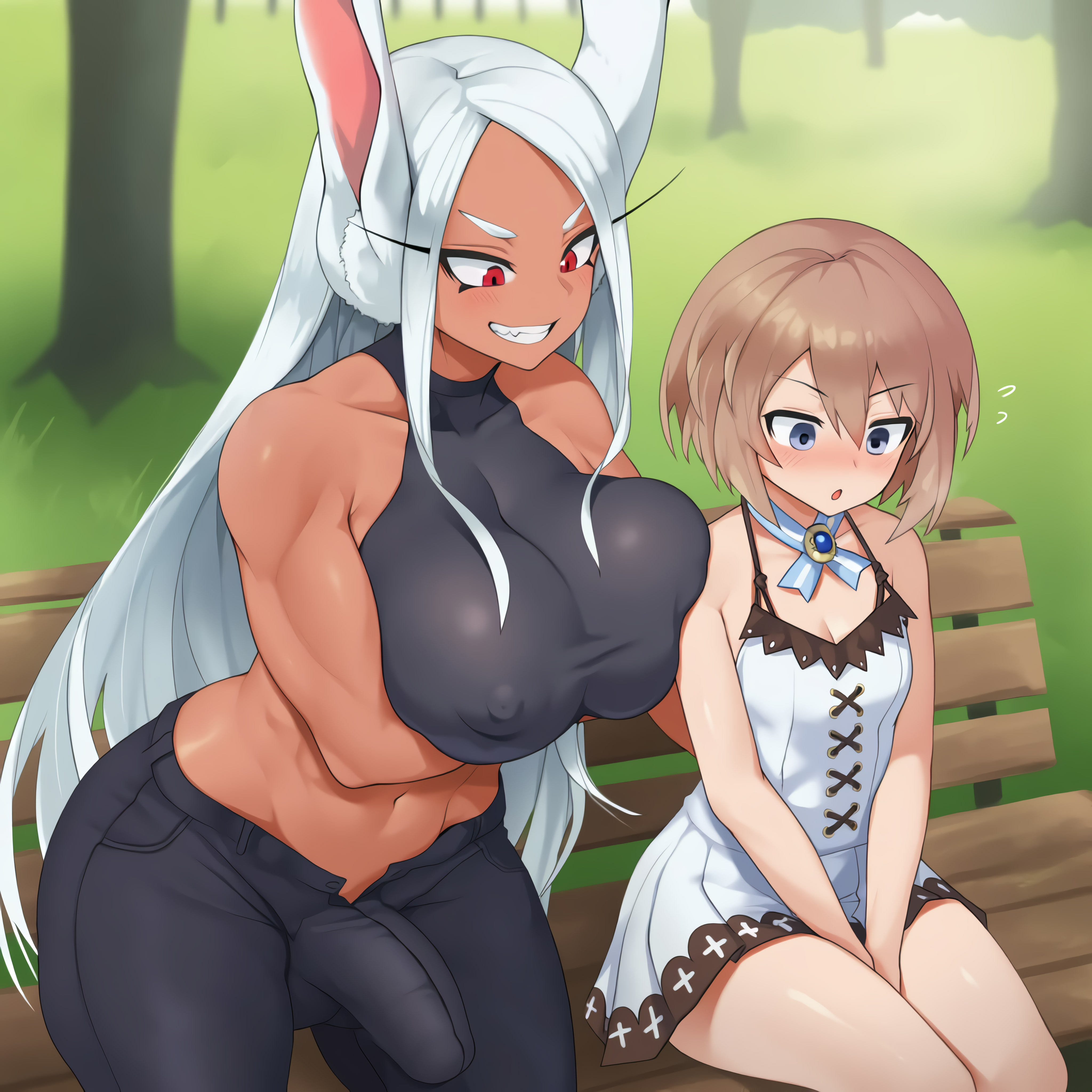1girls, 2girls, abs, ai generated, animal ears, bare shoulders, between legs, blanc, blanc (neptunia), blue eyes, blush, boku no hero academia, breasts, brown hair, bunny ears, covered nipples, covered penis, curvy, erection under clothes, female, futa with female, futanari, grin, intersex, large breasts, long hair, looking at penis, mirko, miruko, muscles, muscular, muscular female, my hero academia, navel, neptunia (series), penis, petite, red eyes, rumi usagiyama, size difference, sleeveless, smile, thick thighs, thighs, yuri