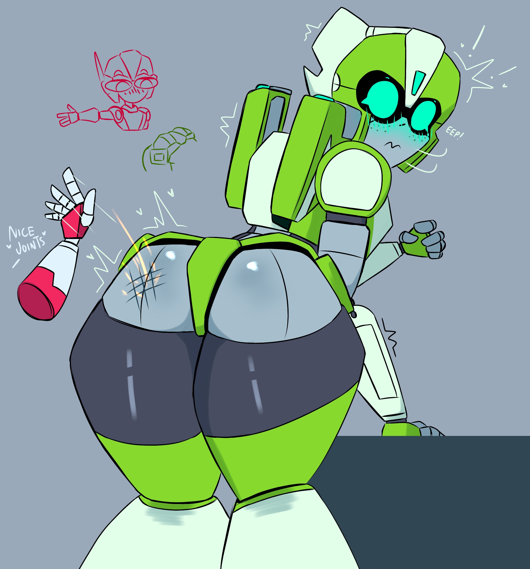 1girls, 2d, affectionate, arcee, ass, ass slap, back view, big ass, blush, butt slap, caught off guard, color, dialogue, disembodied hand, english text, female, female focus, female only, freakyyto, freckles, girlfriend, greenlight, lesbian, looking at another, looking back, marking on cheek, metallic body, robot, robot girl, robot humanoid, self upload, shocked expression, simple background, slapping butt, spank marks, spanked, spanked butt, spanking, sparks, surprised, text, transformers, turning back, turning head, yuri