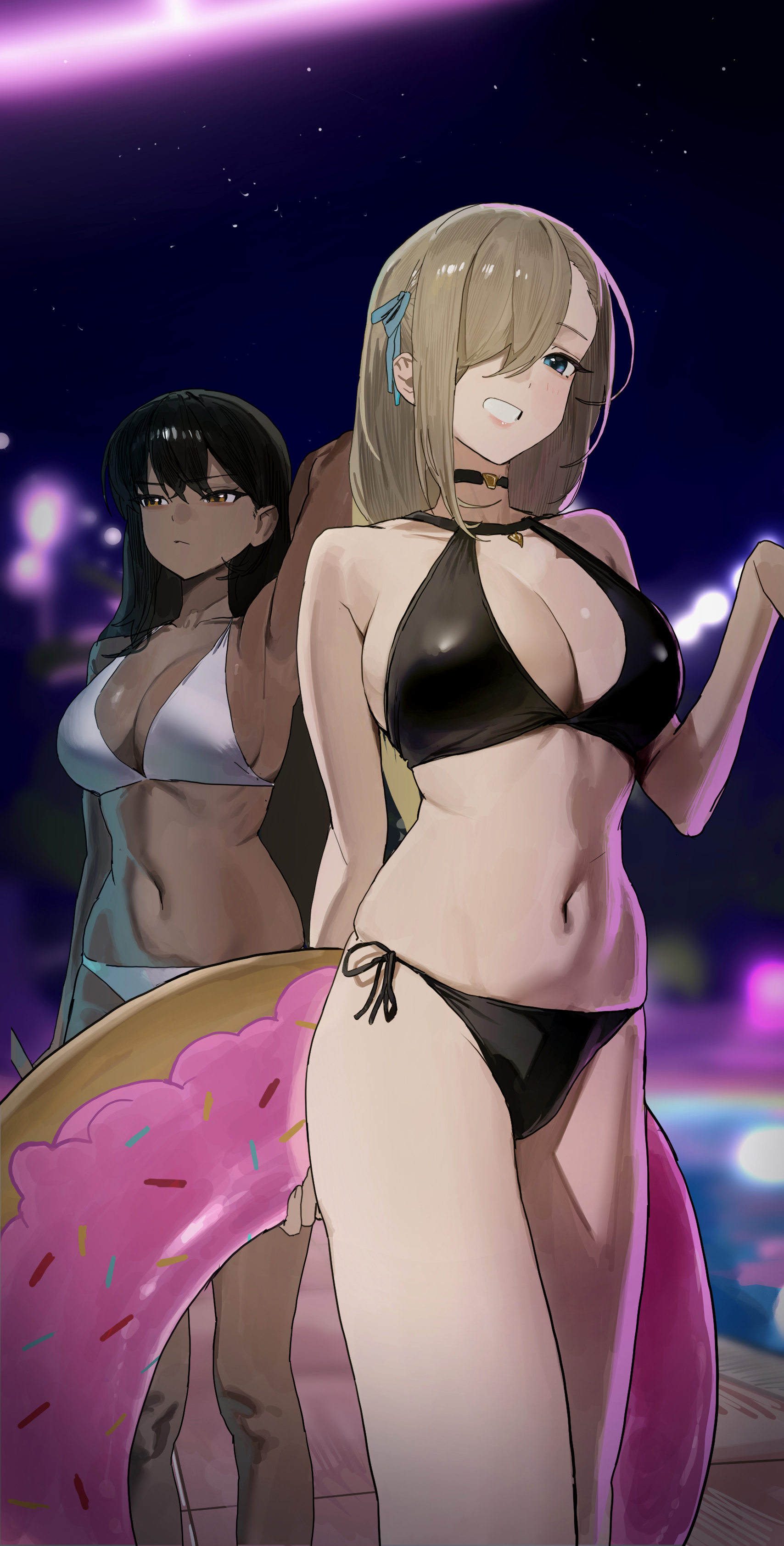 2girls, absurdres, alternate costume, armpits, asuna (blue archive), asymmetrical bangs, bare legs, big breasts, bikini, black bikini, black choker, black hair, blue archive, blue eyes, blurry, blurry background, breasts, brown hair, chocolate and vanilla, choker, cleavage, dark skin, dark-skinned female, female, hair over one eye, highres, holding, holding swim ring, karin (blue archive), kosubi (tsuneta328), long hair, multiple females, multiple girls, navel, no halo, one eye covered, pool, poolside, side-tie bikini bottom, smile, stomach, straight hair, swim ring, swimsuit, very long hair, white bikini