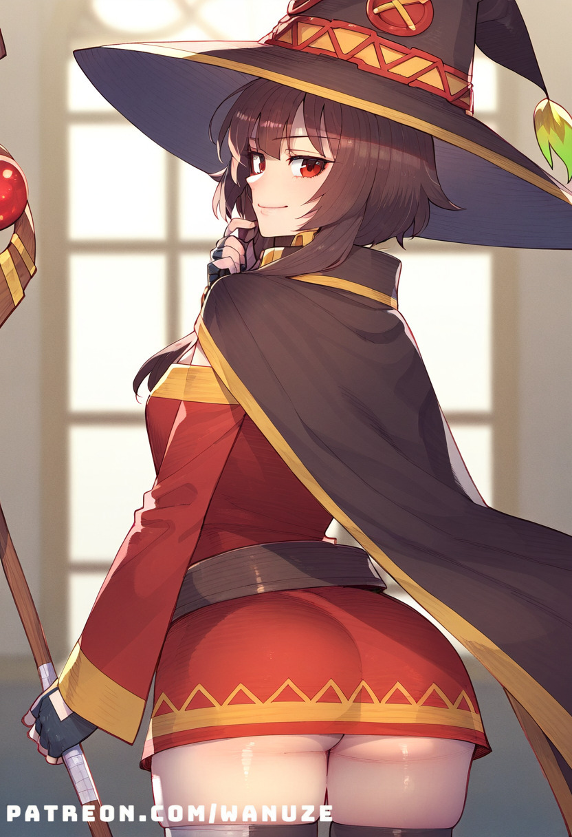 ai generated, ass, big ass, big butt, big thighs, blush, breasts, brown hair, dress, female, female only, from behind, huge ass, huge butt, huge thighs, kono subarashii sekai ni shukufuku wo!, megumin, red eyes, small breasts, wanuze, wide hips, witch hat