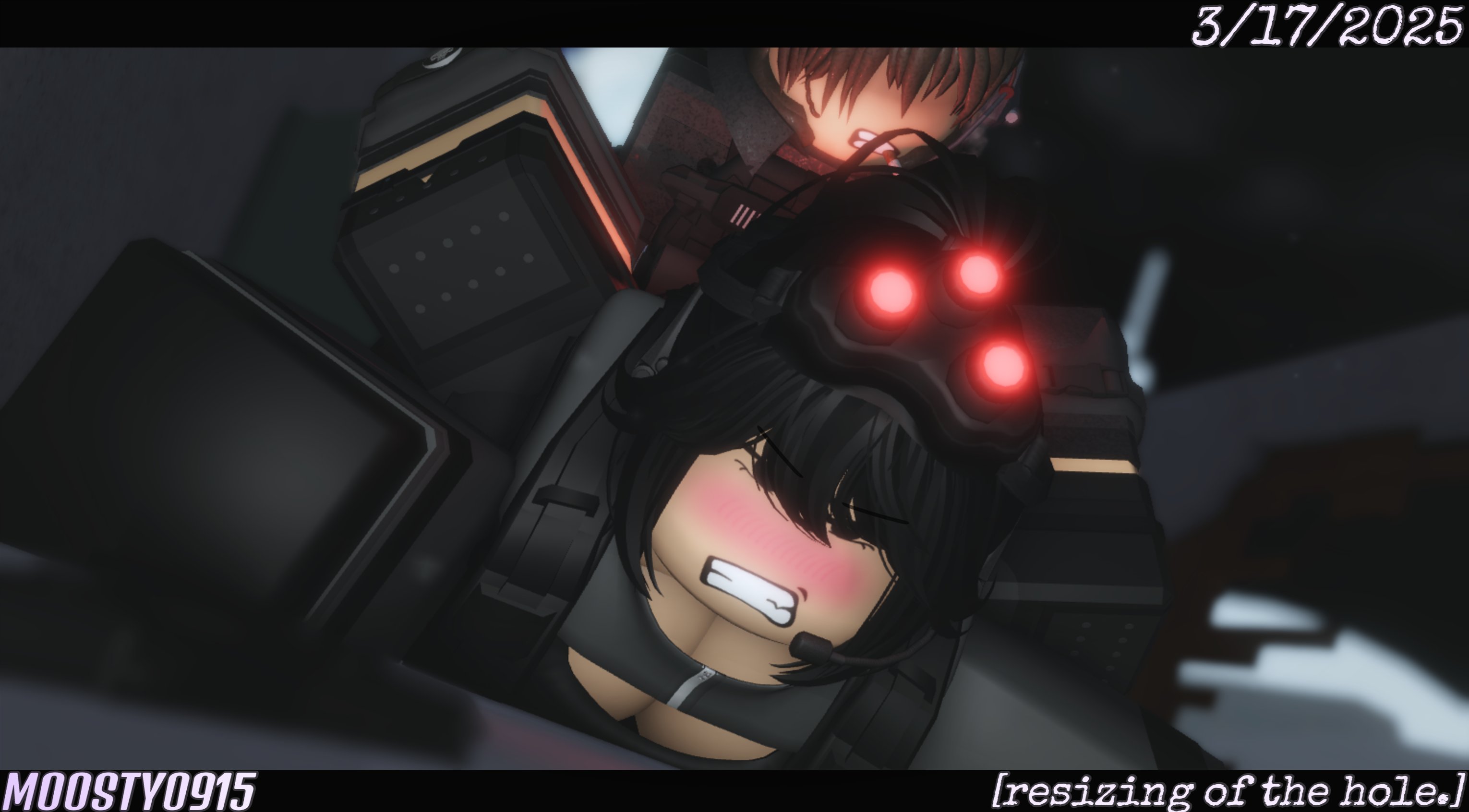 1boy, 1girls, 2025, 3d, agnes (rikamime), angry, angry face, backpack, big breasts, black boots, black clothing, black eyes, black gloves, black hair, black leotard, black shirt, black thighhighs, blush, boots, breasts, brown hair, cigarette, cleavage, cleavage cutout, clothed, clothed female, clothed male, clothing, collared shirt, dated, day, decaying winter, discord tag, english text, eyebrows visible through hair, female, fully clothed, fully clothed male, gloves, grey clothing, grey sleeves, headset, hidden eyes, imminent rape, leotard, letterbox, letterboxed, light skin, light-skinned female, light-skinned male, long hair, long sleeves, looking at viewer, lying on floor, lying on stomach, male, moosty, night vision goggles, on floor, original character, outdoors, pale skin, pale-skinned female, pale-skinned male, ponytail, restrained, roblox, roblox game, robloxian, shirt, short hair, short sleeves, sleeves, snow, tactical gear, tactical vest, text, thick thighs, thighhighs, thighs, vest, zipper